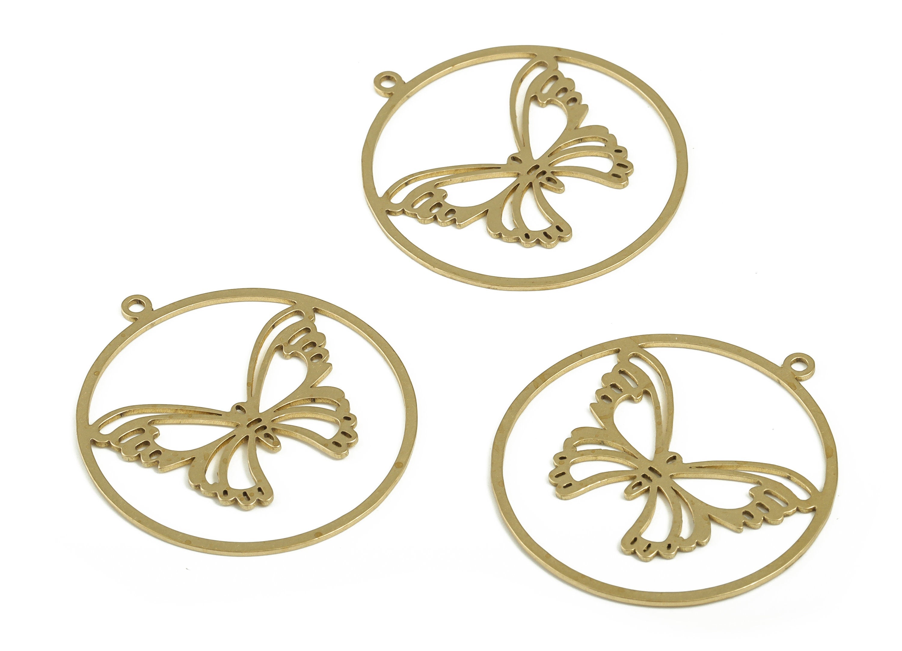 Brass Round Butterfly Earring Charms - Raw Brass Circle Butterfly Pendant - Jewelry Making Supplies - 34.84x31.98x0.71mm - PP4199 - DOMEDBAZAAR