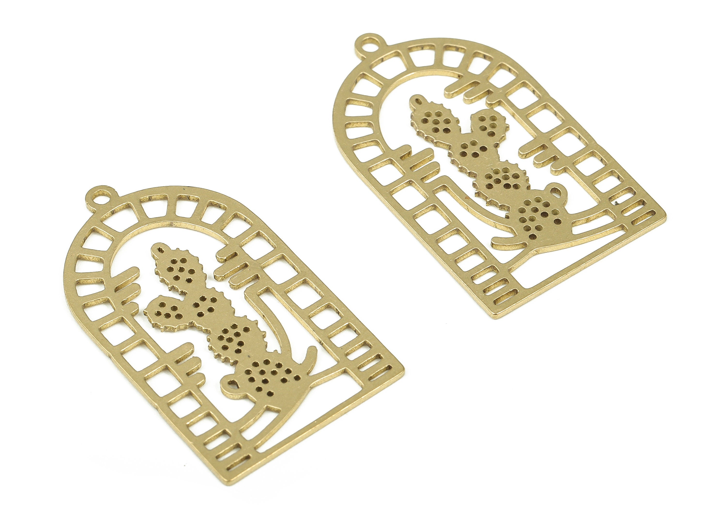 Cactus Mountain Pendant - Raw Brass Domed Cactus Earring Charms - Earrings Finding - Jewelry Making Supplies - 35.01x20.42x0.81mm - PP4300 - DOMEDBAZAAR