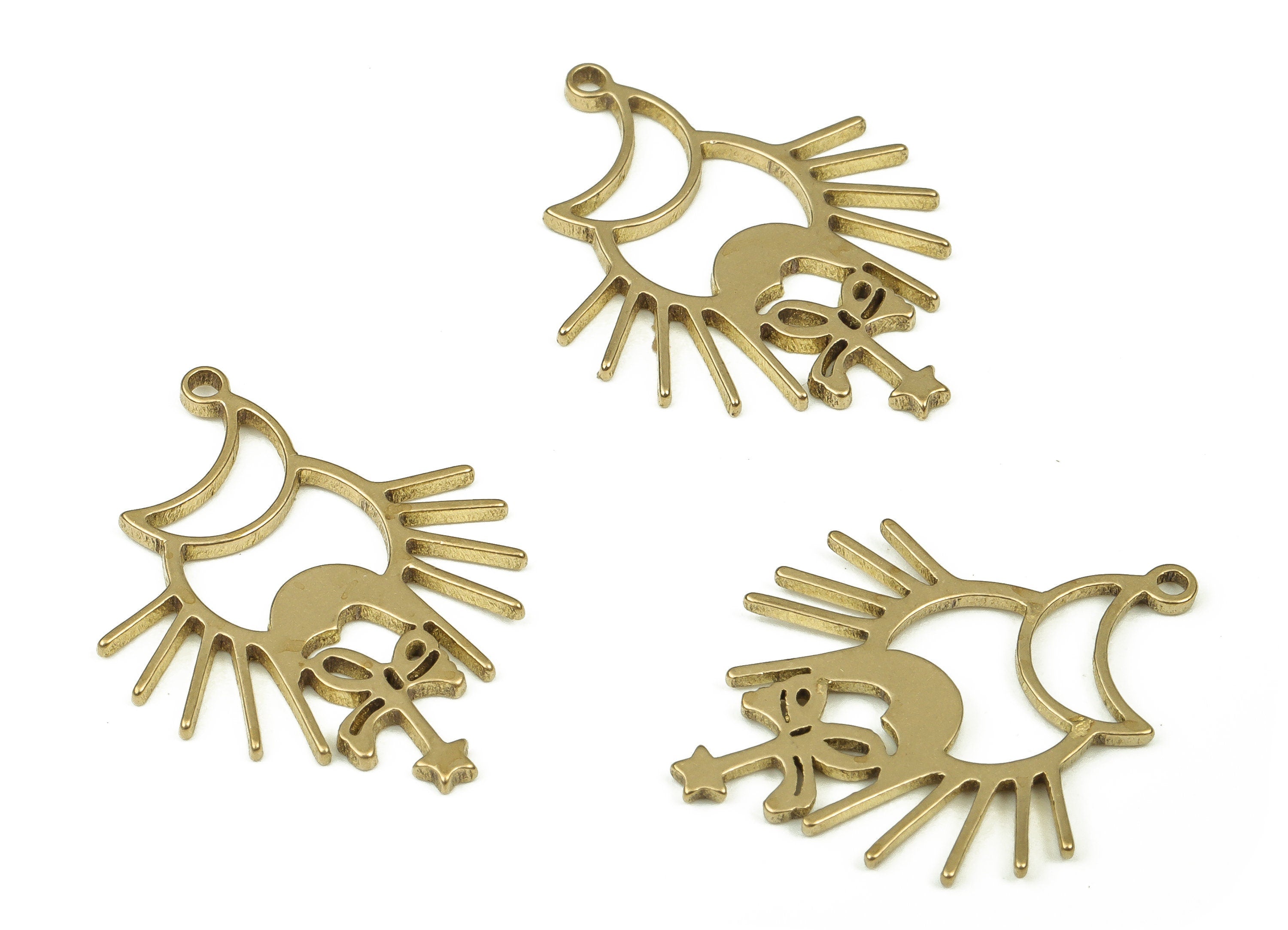 Brass Crescent Earring Charms - Raw Brass Sun Star Pendant - Earrings Finding - Jewelry Making Supplies - 23.73x18.09x1.03mm - PP4297 - DOMEDBAZAAR