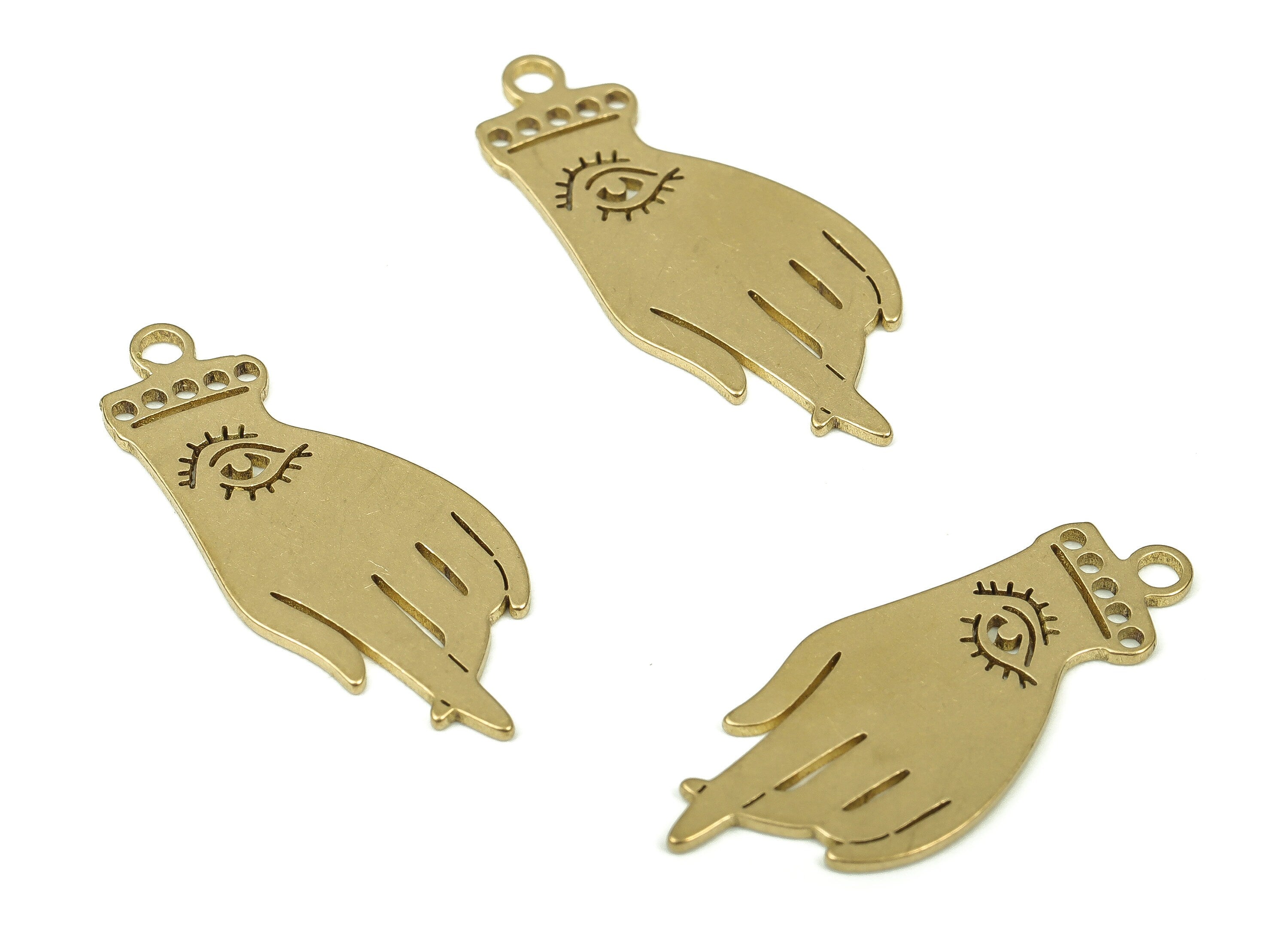 Brass Hand Eye Earring Charms - Raw Brass Hand Eye Pendant – Hand Earring Findings - Jewelry Making Supplies - 23.94x10x0.69mm - PP4292 - DOMEDBAZAAR