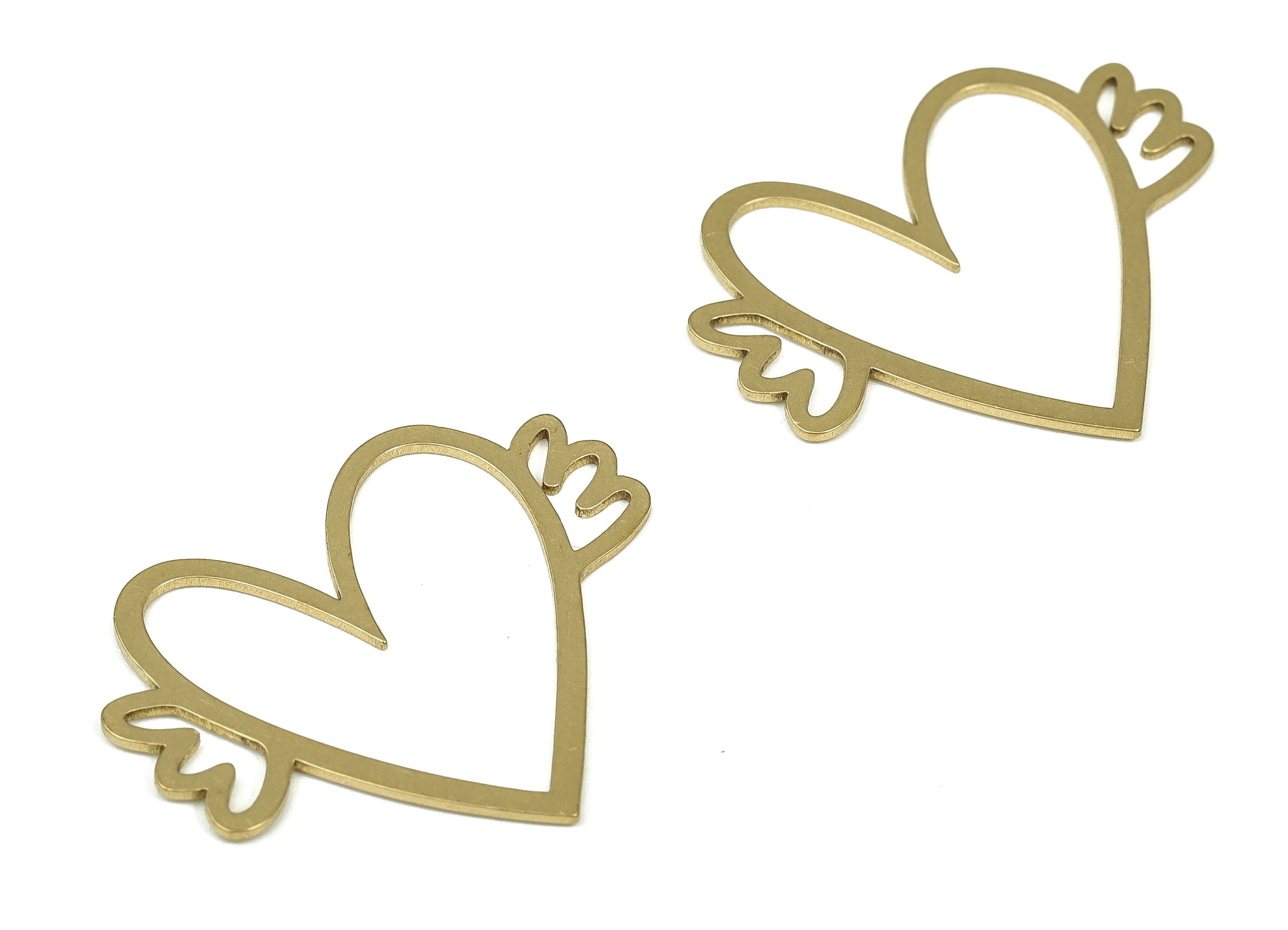 Brass Winged Heart Earring Charms - Raw Brass Heart Pendant - Earrings Finding - Jewelry Making Supplies - 30x23.92x0.73mm - PP4306 - DOMEDBAZAAR