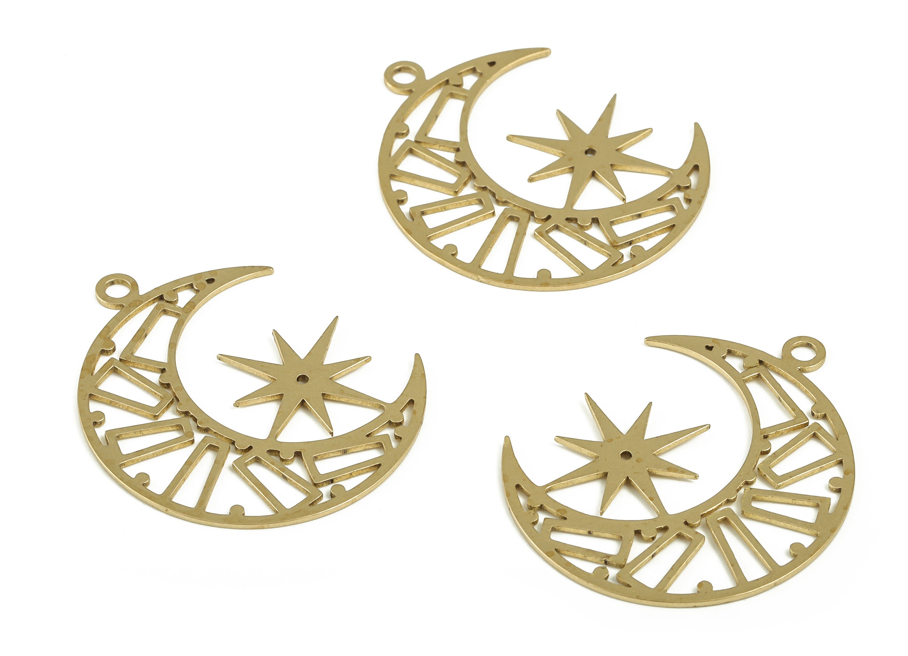 Brass Crescent Earring Charms - Raw Brass Star Pendant - Earrings Finding - Jewelry Making Supplies - 33.45x26.95x0.72mm - PP4197 - DOMEDBAZAAR