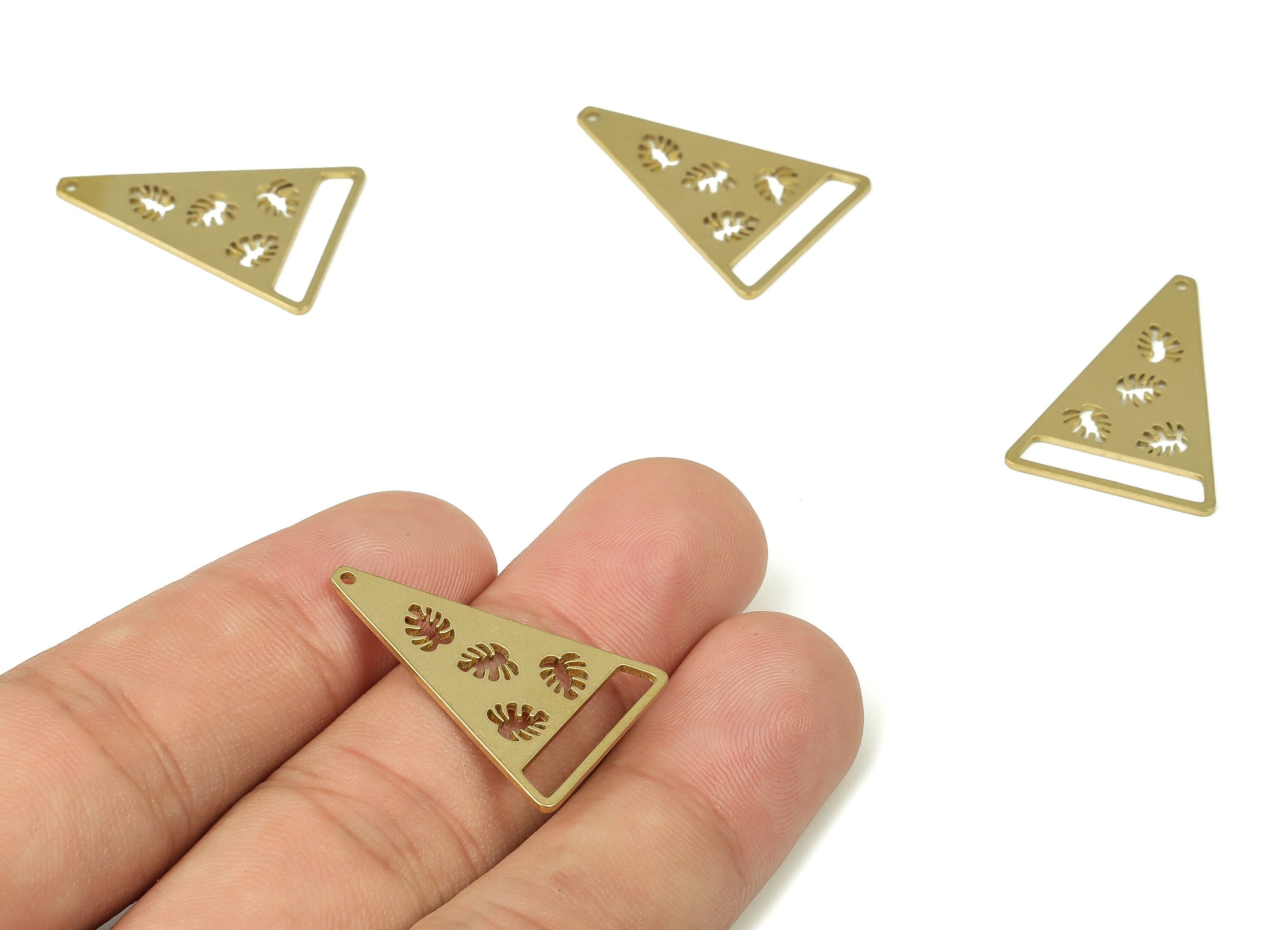 Brass Monsteras Triangle Earring Connector - Raw Brass Triangle Monstera Charms - Jewelry Making Supplies - 26.96x18.71x0.84mm - PP4325 - DOMEDBAZAAR