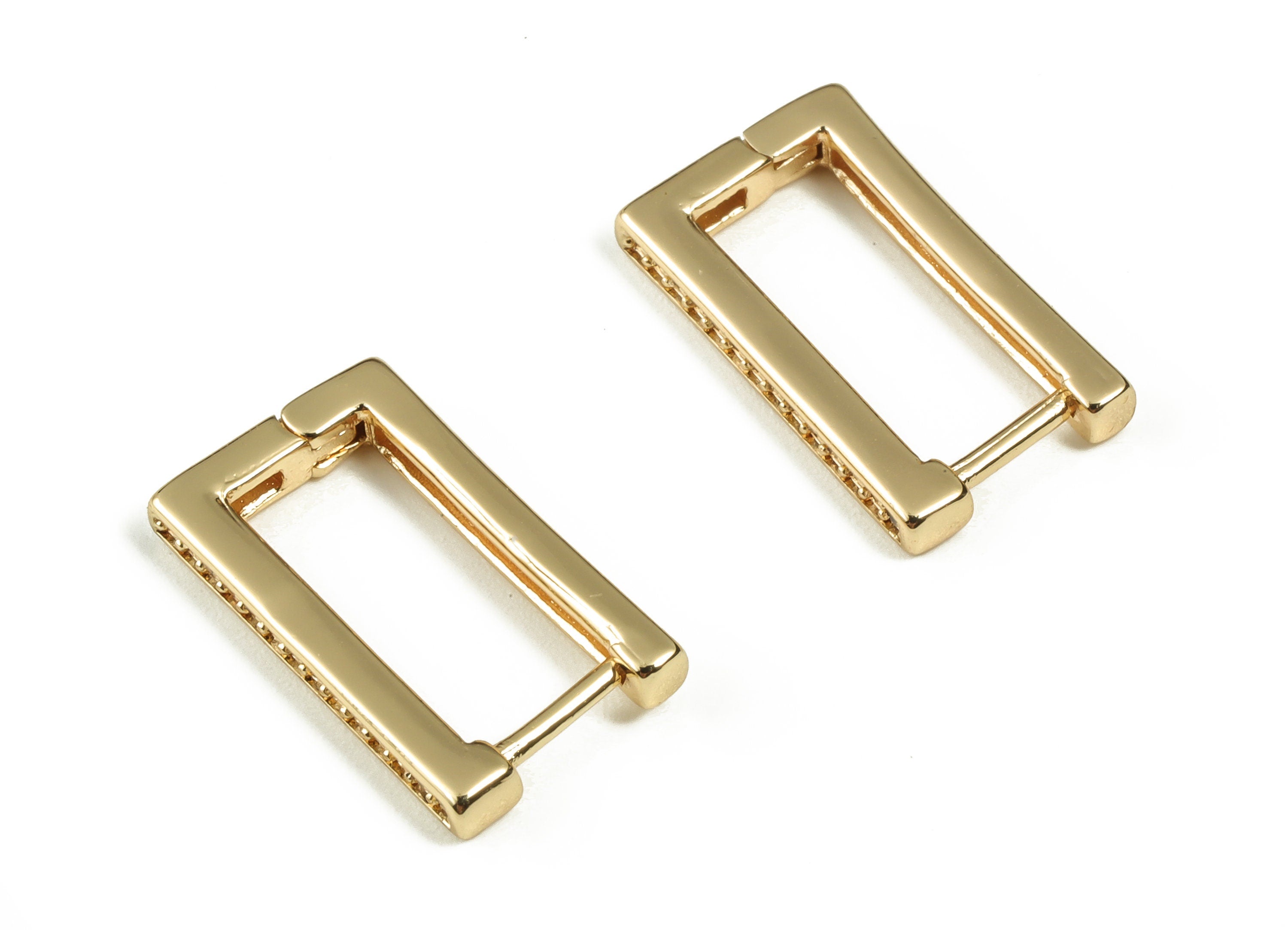 Brass Rectangle Huggie Earrings - Hoop Earrings with Zircon - 18K Real Gold Plated Brass - Jewelry Supplies -16.42x9.46x2.35- RGP3283 - DOMEDBAZAAR