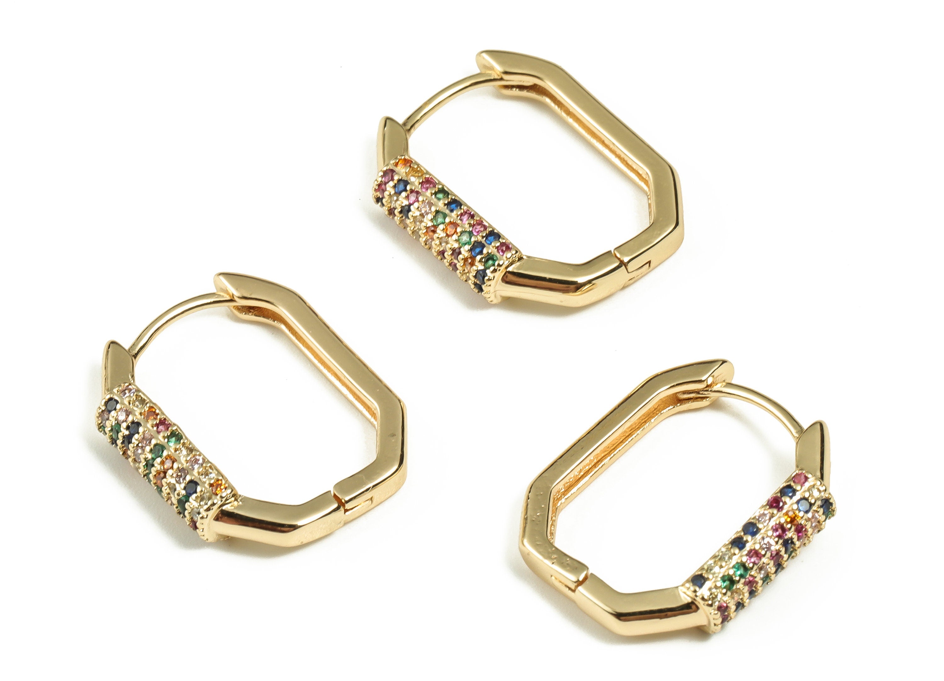Brass Hoop Earrings – Dainty Geometric Earring with Multicolor Zircons – 18K Real Gold Plated Brass Earrings - 19.37×15.65×2.96mm - RGP3245 - DOMEDBAZAAR