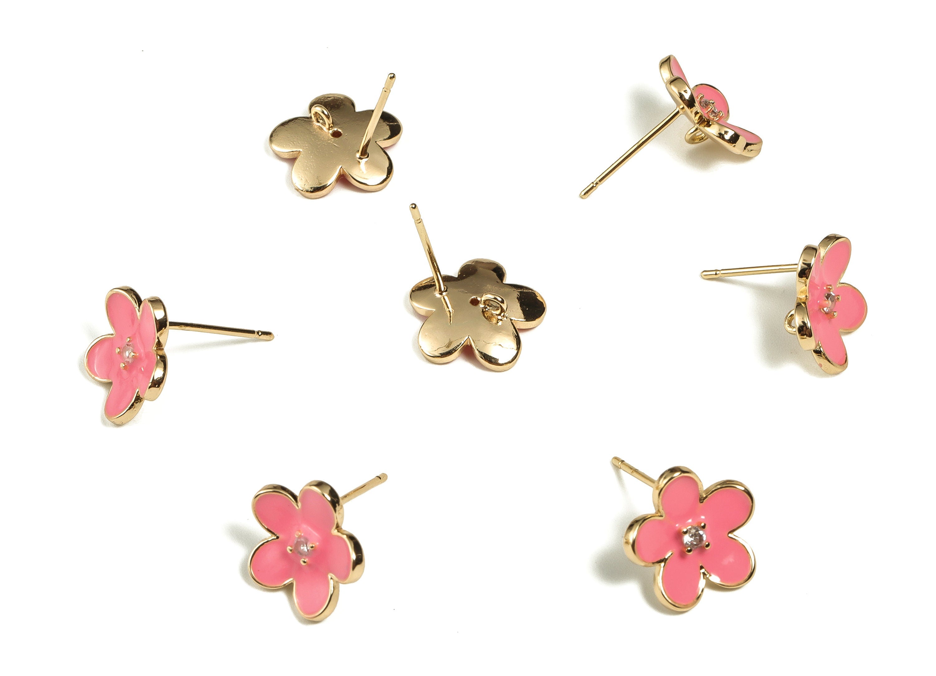 Brass Flower Stud Earring - Brass Enamel Flower Stud - 925 Silver Brass Stud with Zircon - 18K Gold Plated Brass -12.3x12.03x1.43mm- RGP3091 - DOMEDBAZAAR