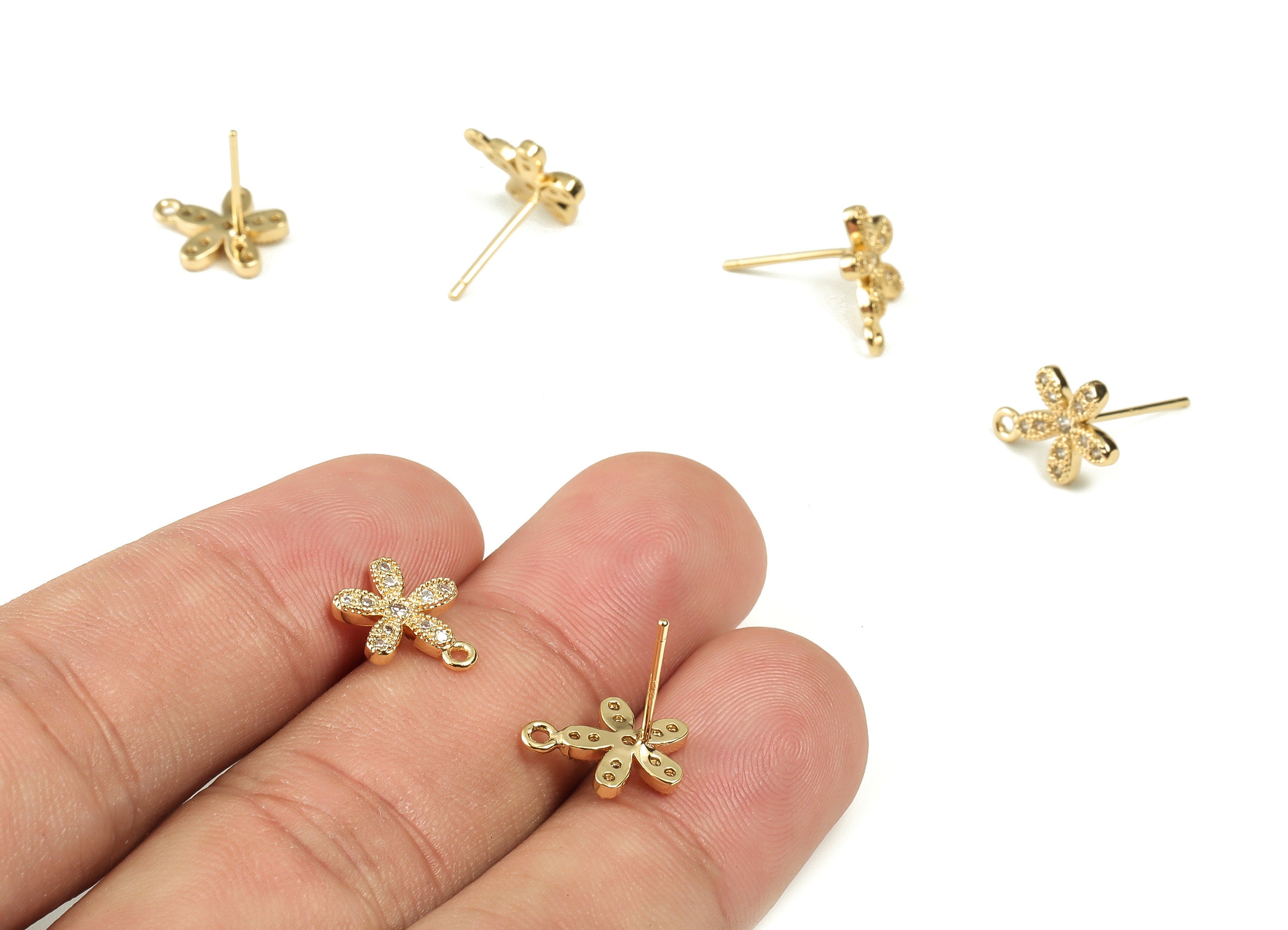 Brass Flower Stud Earrings - Brass Post Earring with Zircon - 18K Real Gold Plated Brass Studs - Jewelry Supplies -12.08x9.53x1.7mm- RGP3090 - DOMEDBAZAAR