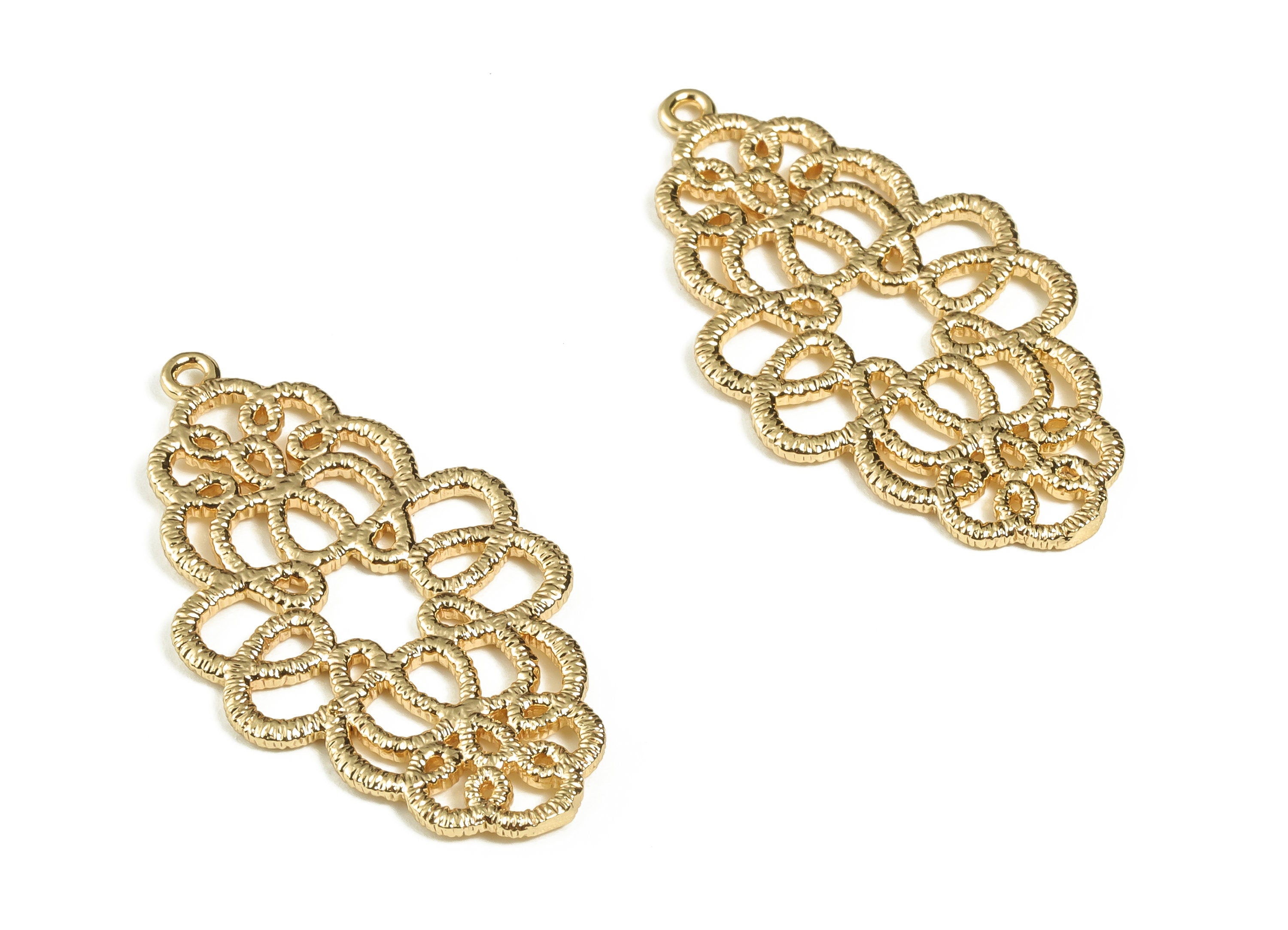 Brass Drop Flower Pendant - Filigree Floral Earring Charm – 18K Gold Plated - Jewelry Making Supplies - 32.74x17.9x1.24mm - RGP3279 - DOMEDBAZAAR