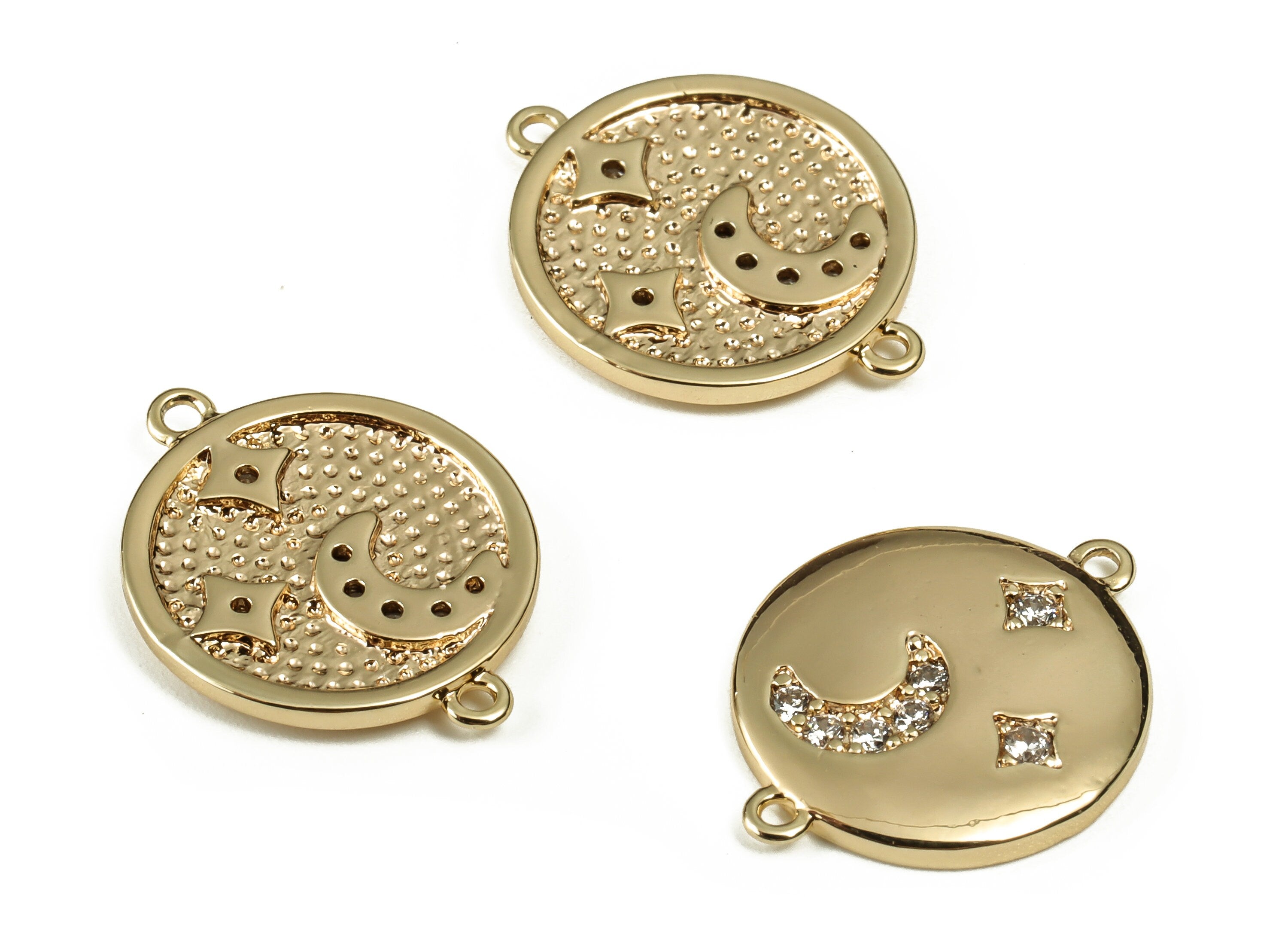 Brass Round Star Earring Connector With Zircons - Gold Circle Crescent Charms - 18K Real Gold Plated Brass - 16.2x12.73x1.59mm - RGP3269 - DOMEDBAZAAR