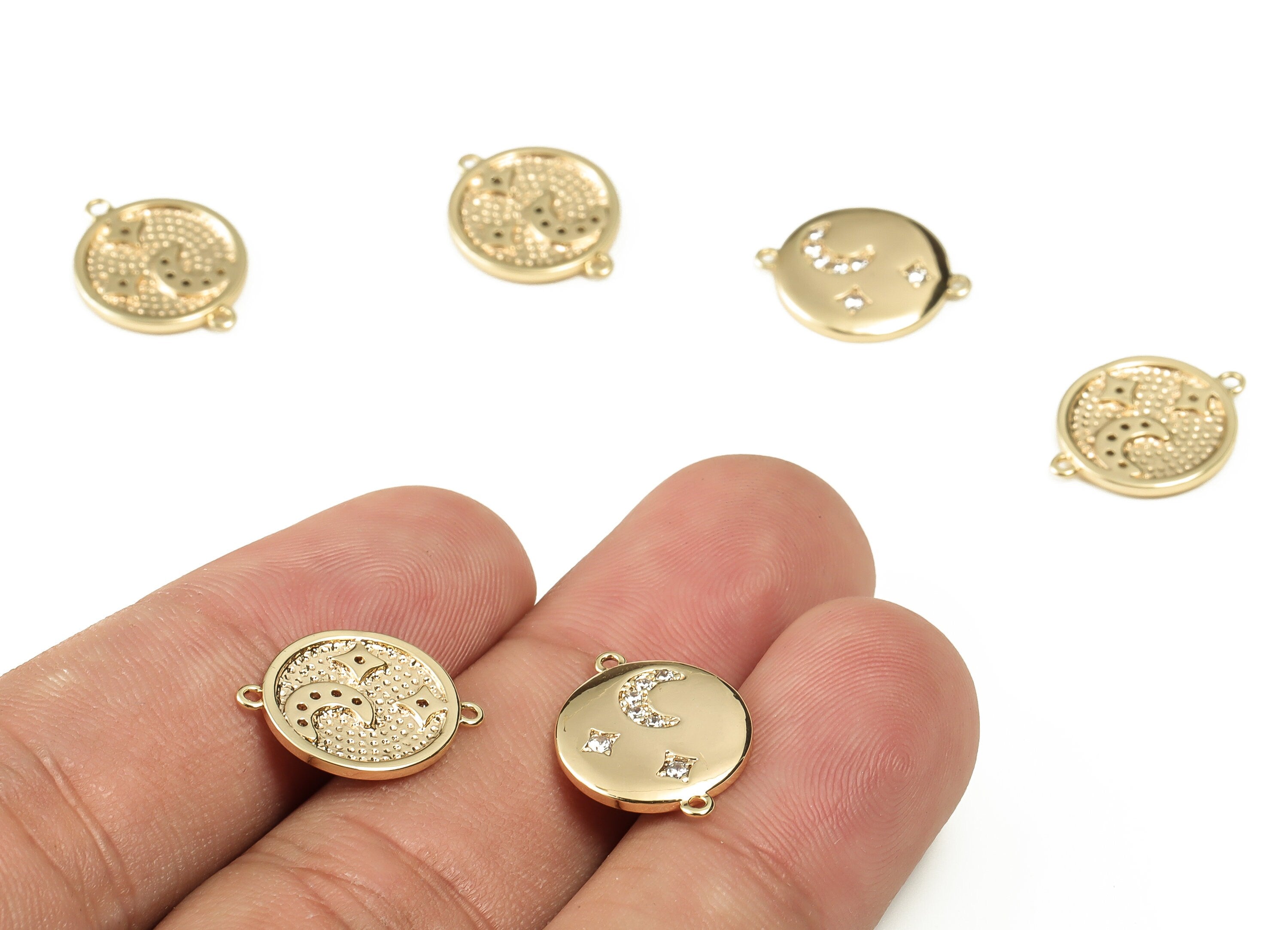 Brass Round Star Earring Connector With Zircons - Gold Circle Crescent Charms - 18K Real Gold Plated Brass - 16.2x12.73x1.59mm - RGP3269 - DOMEDBAZAAR