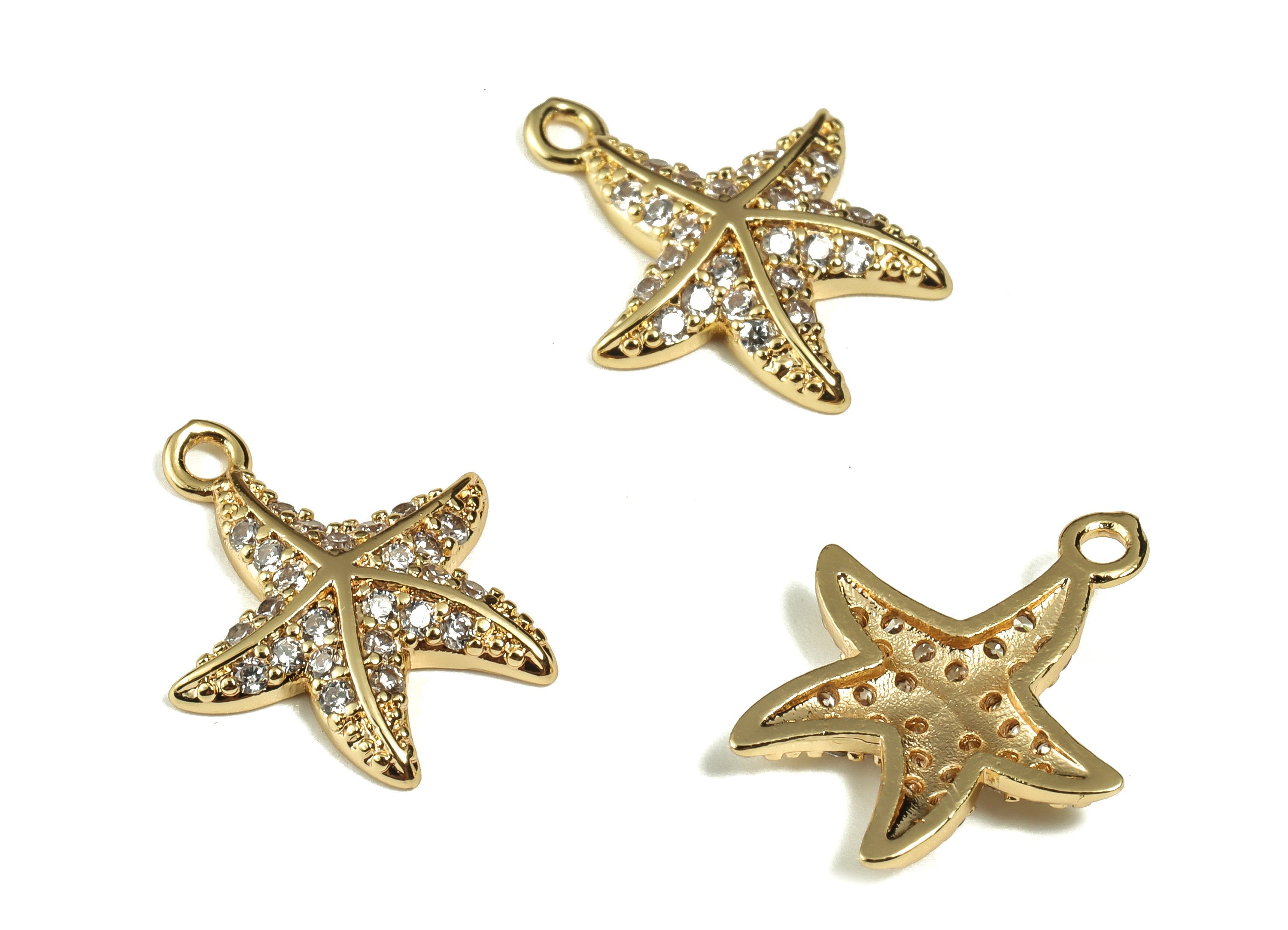 Brass Starfish Earring Charm – Zircon Brass Star Pendant – 18K Real Gold Plated Brass – DIY Jewelry Supplies – 17.17x14.77x2.57mm – RGP3224 - DOMEDBAZAAR