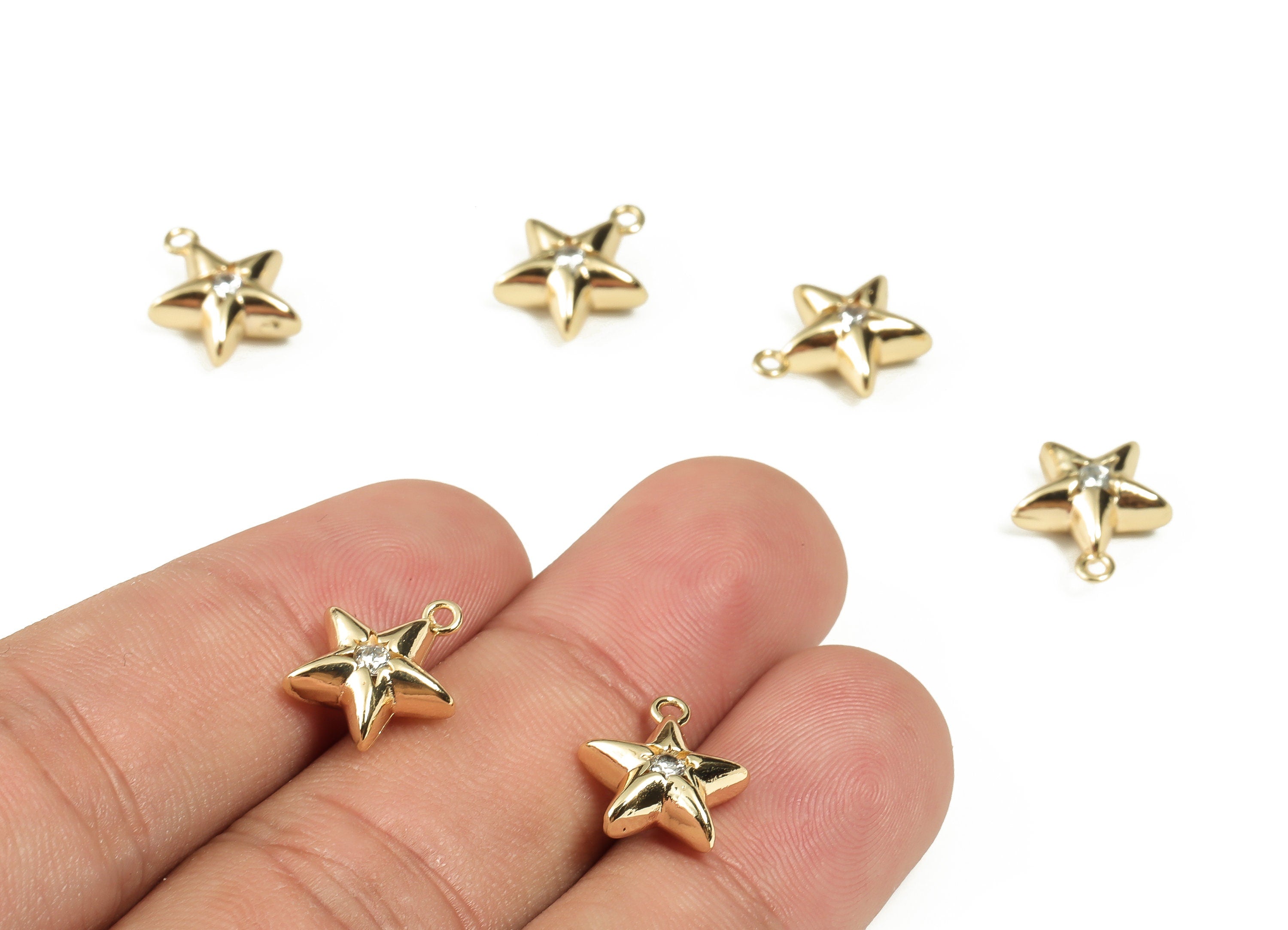 Brass Star Charms - Brass Star Shaped Charm with Zircon - 18k Real Gold Plated Brass Pendant - Jewelry Supplies -12.92x11.39x4.85mm- RGP3282 - DOMEDBAZAAR