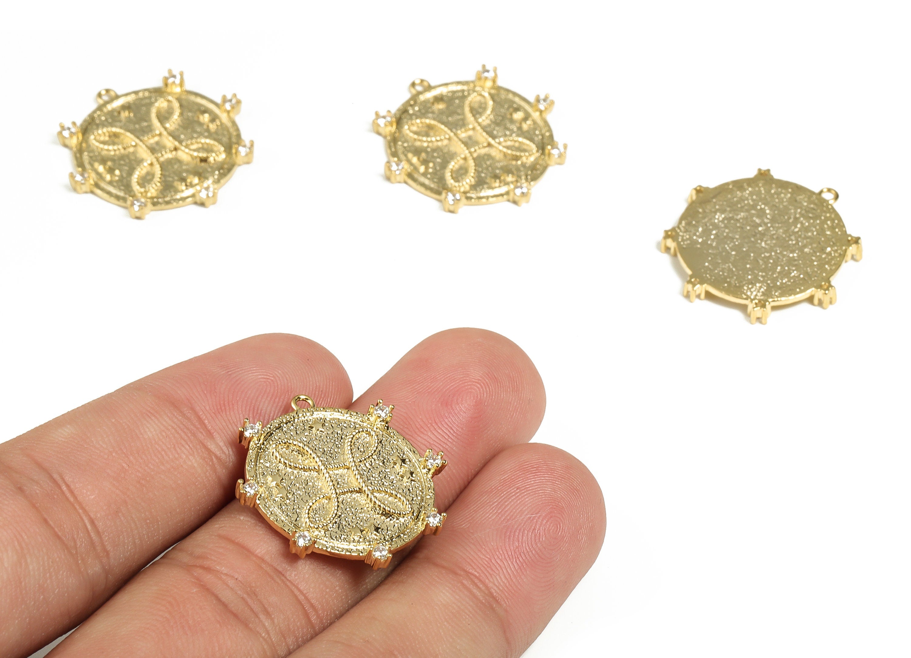 Brass Round Symbol Charm with Zircon - Brass Zircon Round Charm - Real 18K Gold Plated Brass - Jewelry Supplies -24.44x23.89x1.85mm- RGP3078 - DOMEDBAZAAR