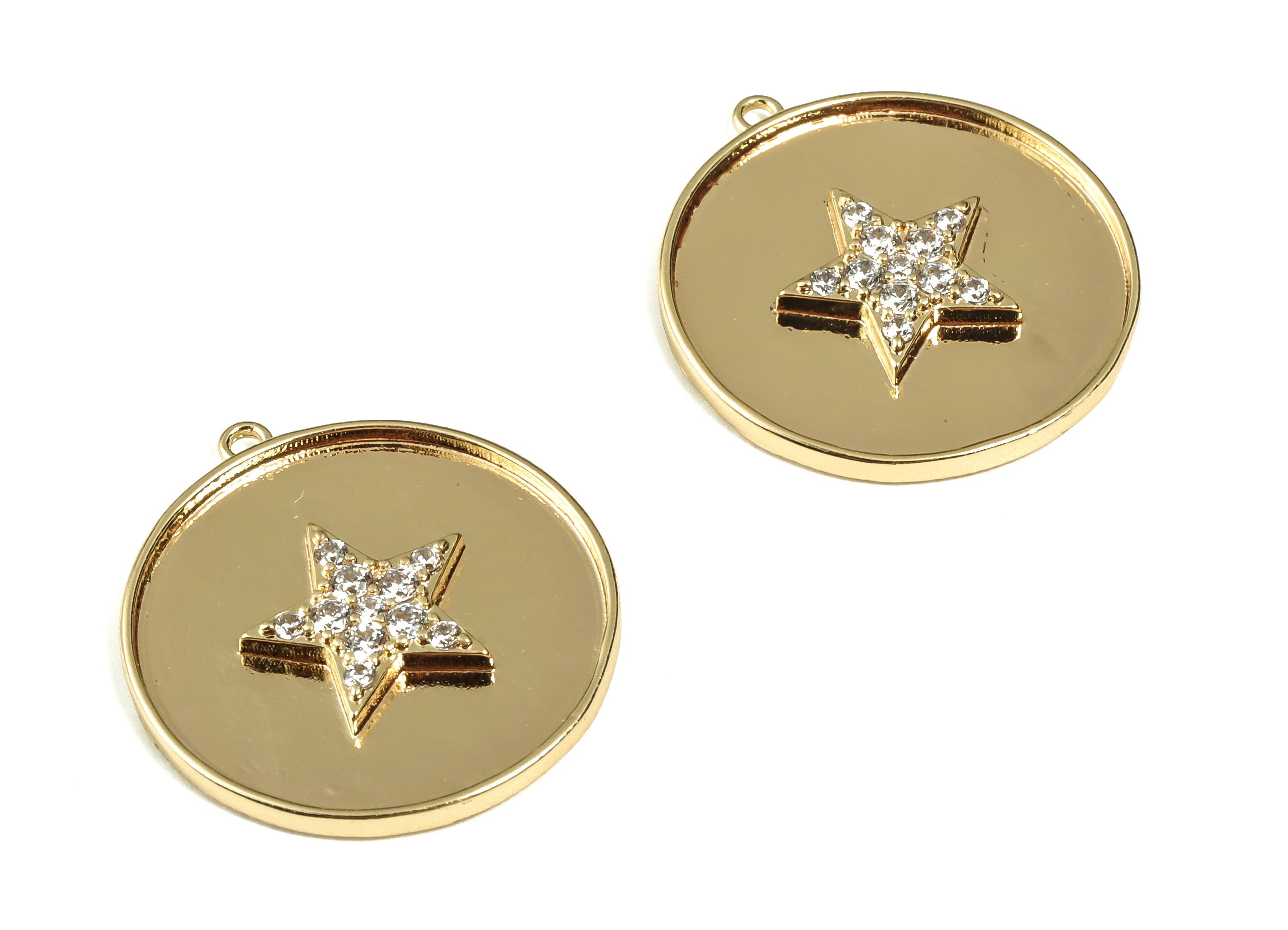 Brass Round Charm - Brass Star Charm with Zircon - Gold Plated Circle Earring Charm - 18K Gold Plated Brass Charm -24.6x22.5x2.67mm- RGP3094 - DOMEDBAZAAR