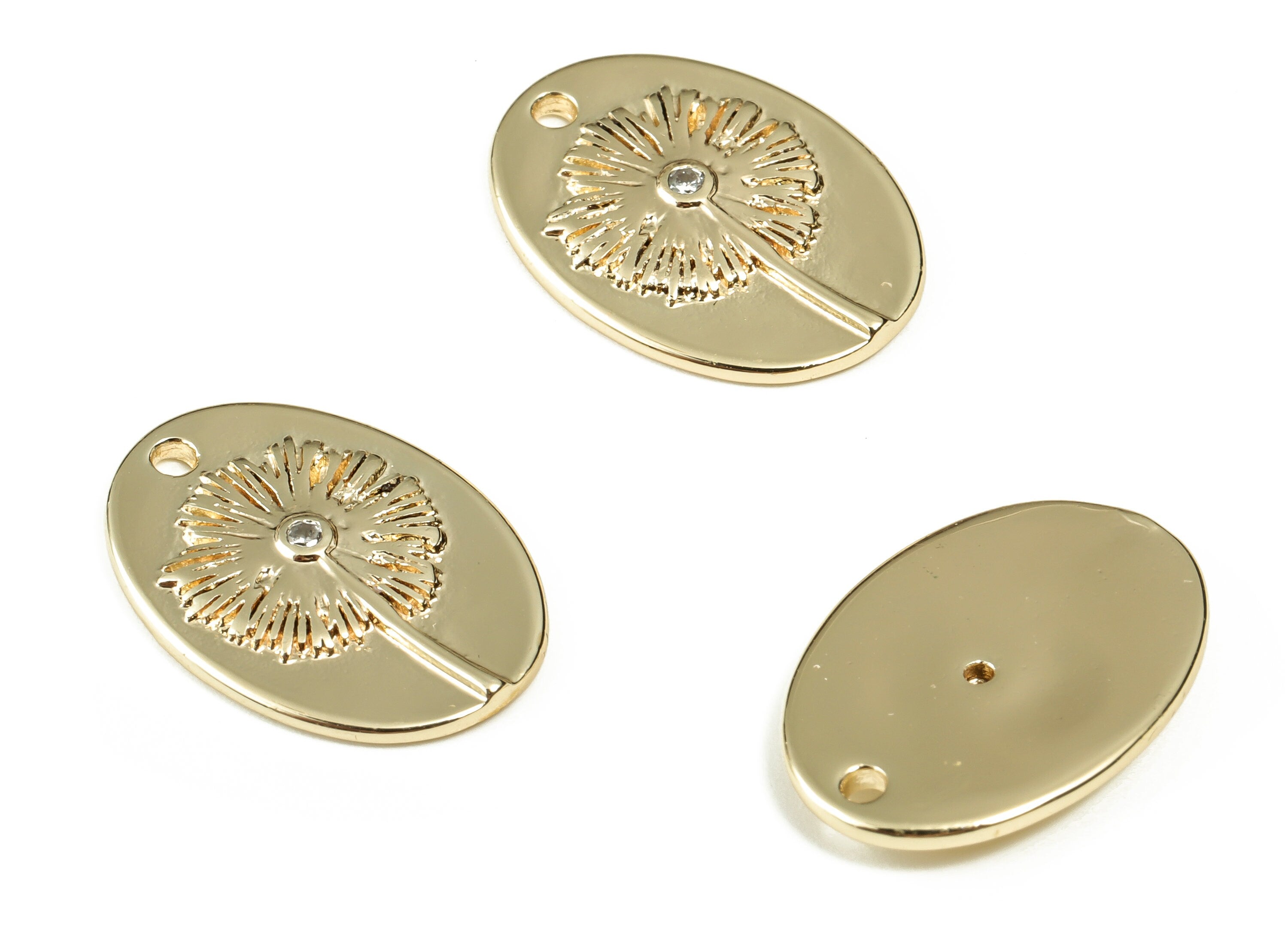 Brass Oval Earring Charms With Zircons - Gold Flower Pendant - 18K Real Gold Plated Brass - Jewelry Supplies - 18.33x13.03x2.15mm - RGP3306 - DOMEDBAZAAR