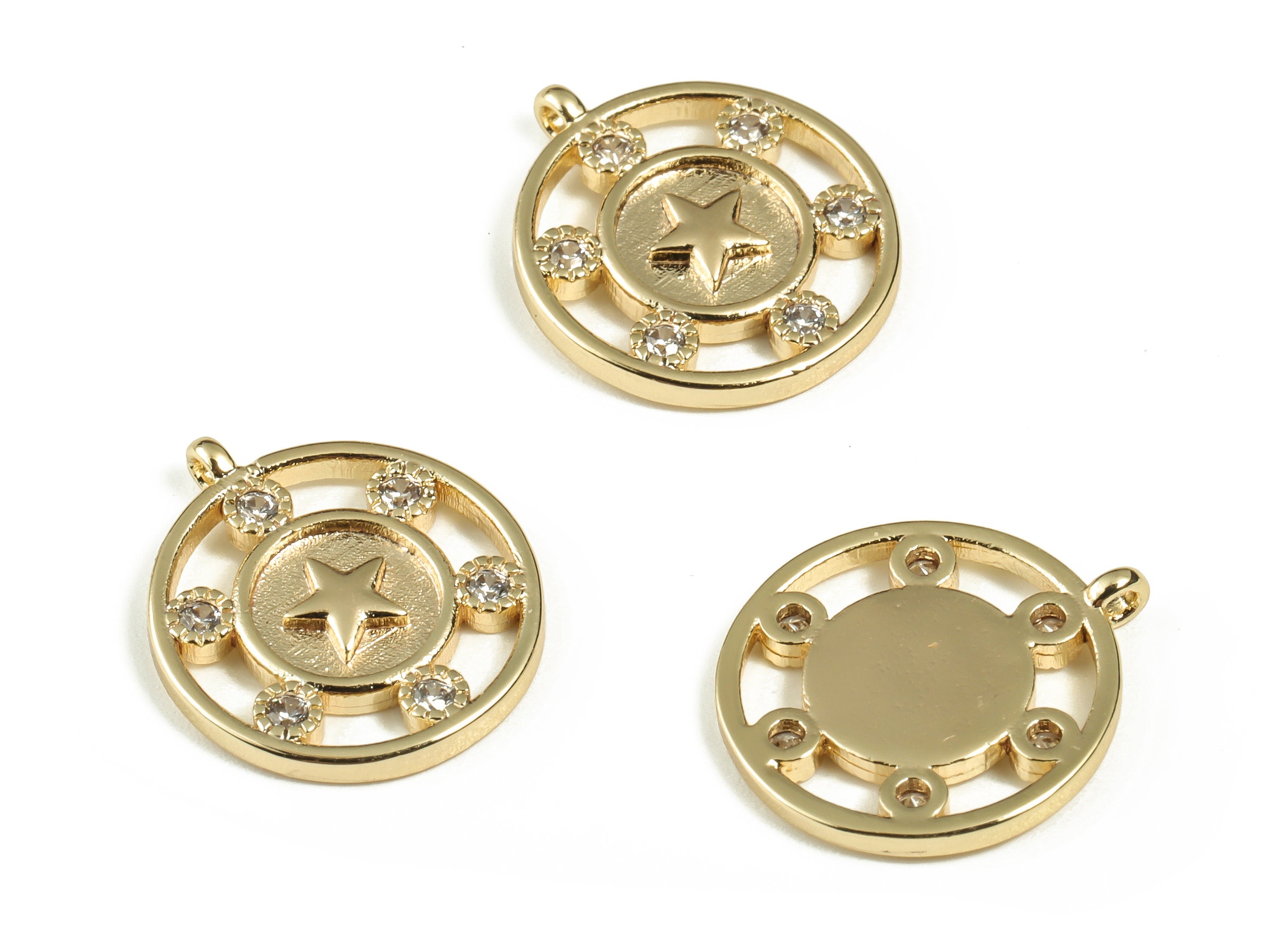 Brass Round Star Pendant – Zircon Circle Star Earring Charm - 18K Real Gold Plated Brass – Jewelry Supplies – 15.16x13.13x1.54mm – RGP3222 - DOMEDBAZAAR