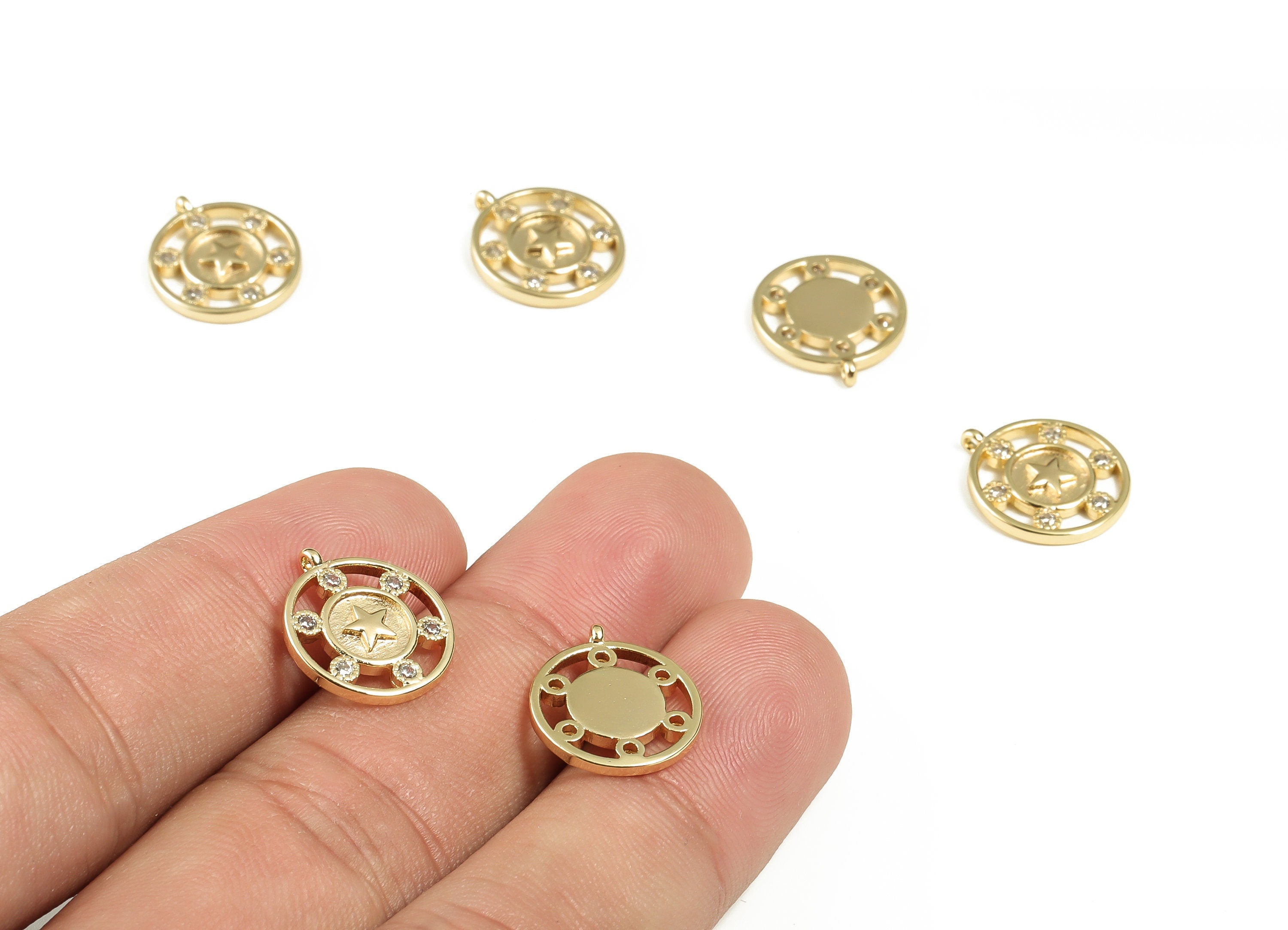 Brass Round Star Pendant – Zircon Circle Star Earring Charm - 18K Real Gold Plated Brass – Jewelry Supplies – 15.16x13.13x1.54mm – RGP3222 - DOMEDBAZAAR
