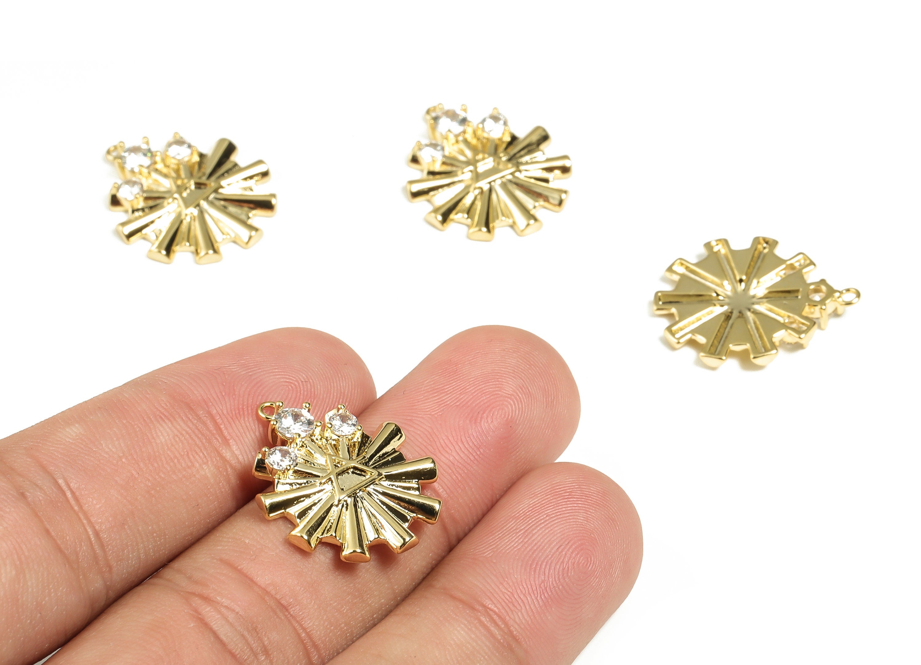 Brass Sun Earring Charm with Zircon - Gold Sun Pendant - 18K Real Gold Plated Brass - Jewelry Making supplies -22.18x18.6x2.38mm- RGP3080 - DOMEDBAZAAR