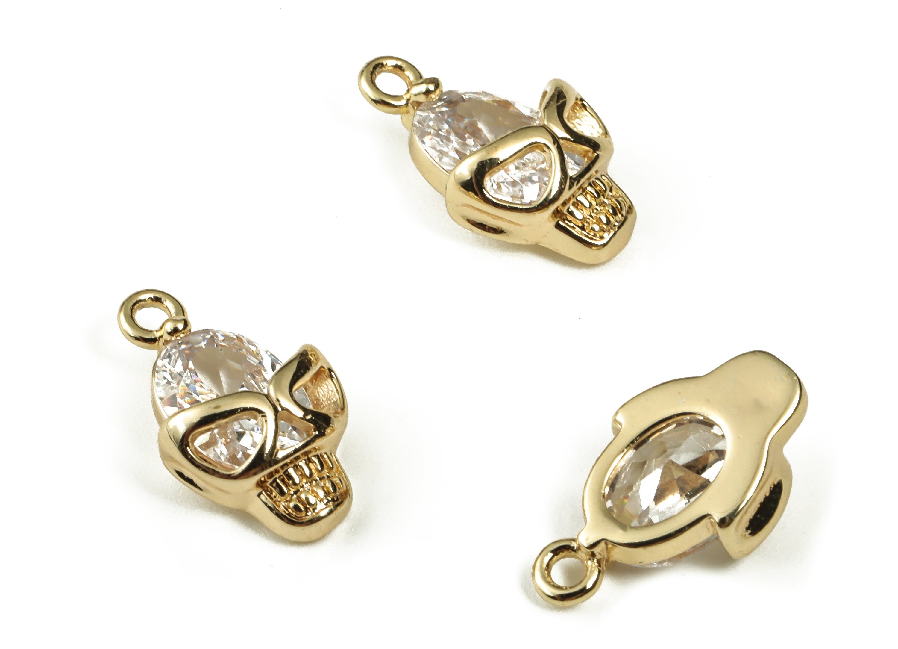 Brass Skull Earring Charm - Brass Skull Charm Pendant with Zircon - 18k Real Gold Plated Brass - Jewelry Supplies -14.13x8.6x4.63mm- RGP3268 - DOMEDBAZAAR