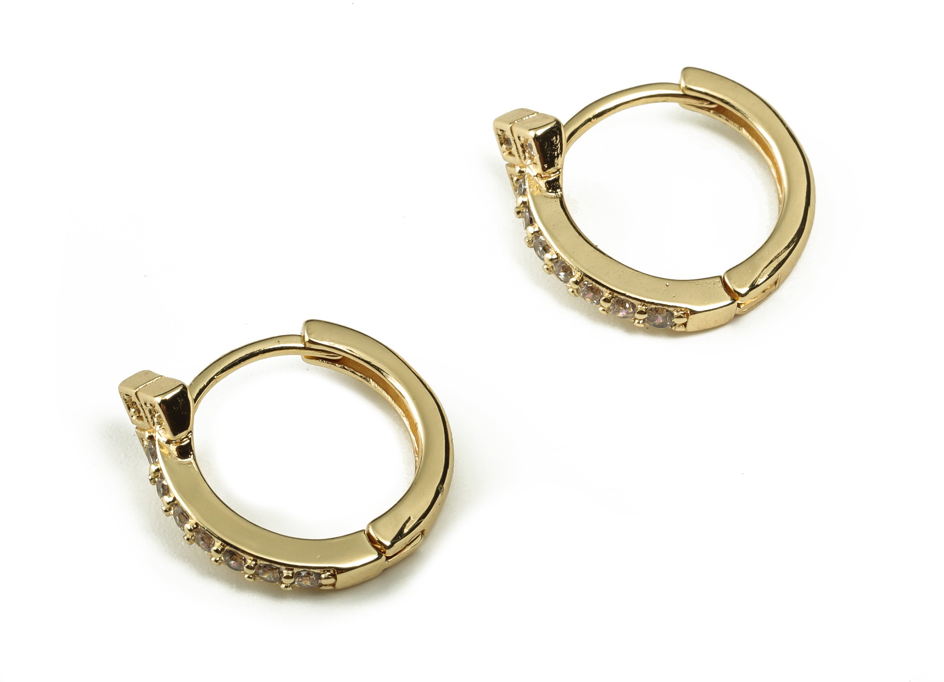 Zircon Huggies Hoop Earrings - Brass Circle Hoop Earrings – 18K Real Gold Plated Brass - Earring Supplies - 13.85×12.31×1.97mm - RGP3218 - DOMEDBAZAAR