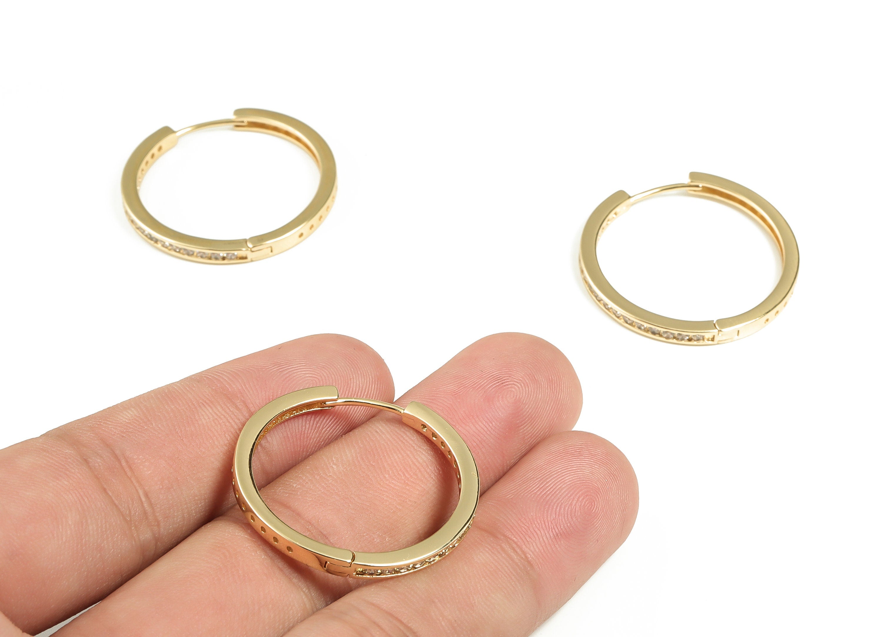 Brass Round Hoop Earrings - Zircon Hoop Earring - Brass Huggie Hoops - 18k Gold Plated Brass - Jewelry Supplies -30.13x28.4x2.3mm- RGP3263 - DOMEDBAZAAR