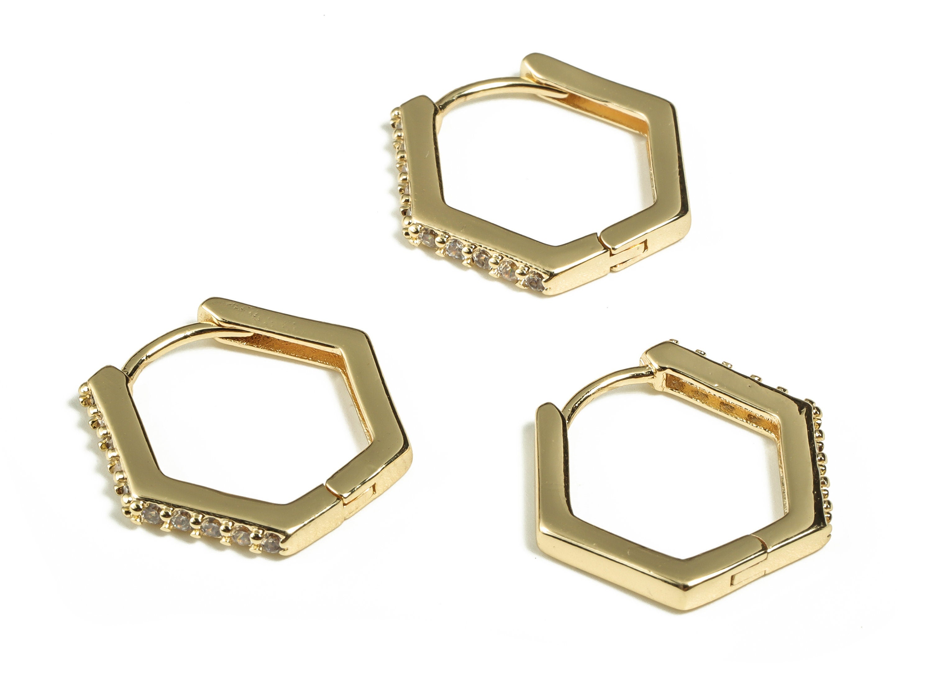 Brass Hexagon Hoop Earrings - Brass Studs Earrings - Geometric Earrings with Zircon - 18K Real Gold Plated Brass -17.36x15.62x2.1mm- RGP3206 - DOMEDBAZAAR