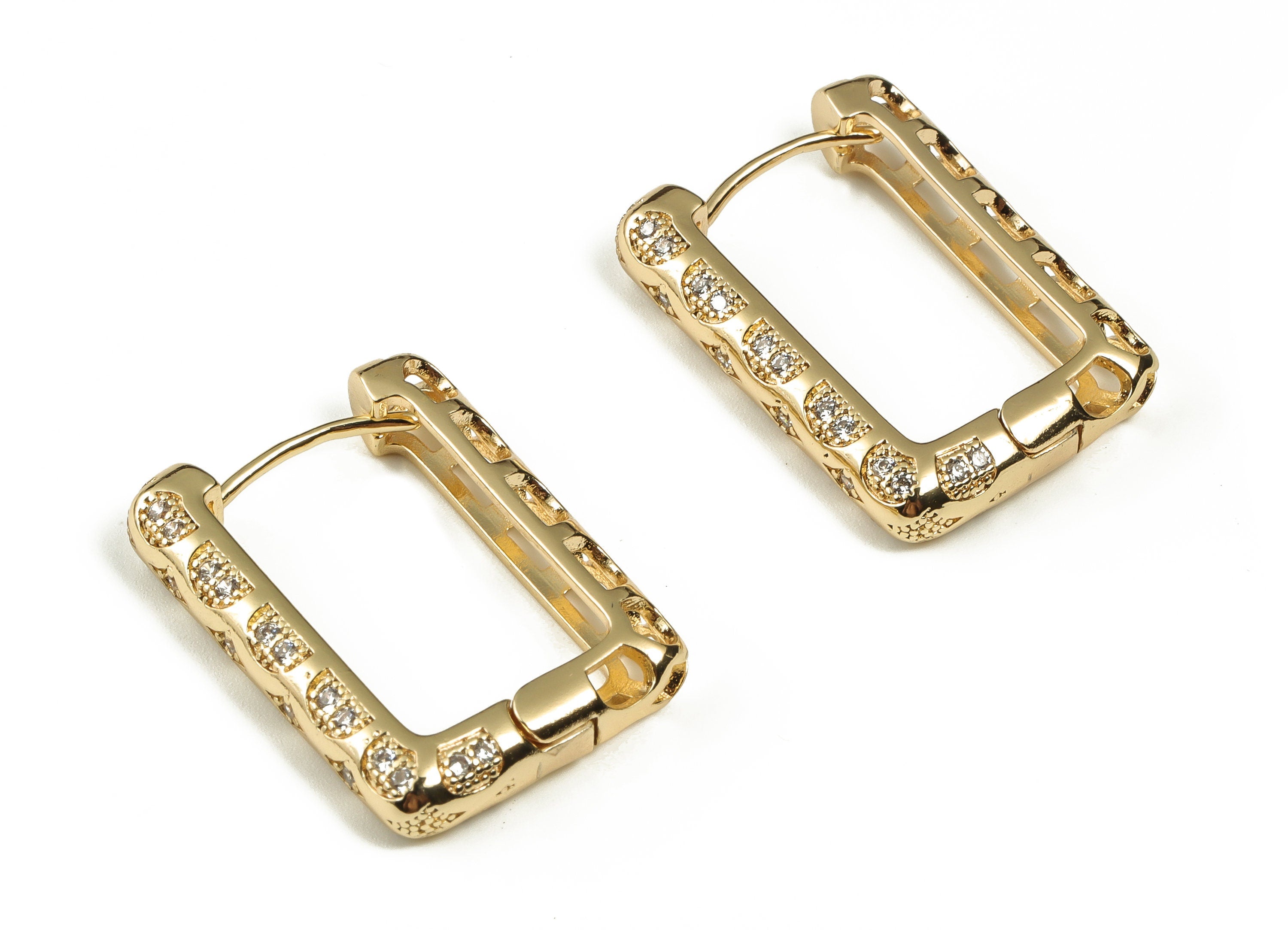 Brass Rectangle Hoops Earring – Zircon Earring Hoops – Dainty Hoop Earrings – 18K Real Gold Plated  Brass - 28.27x19.89x3.55mm - RGP3193 - DOMEDBAZAAR
