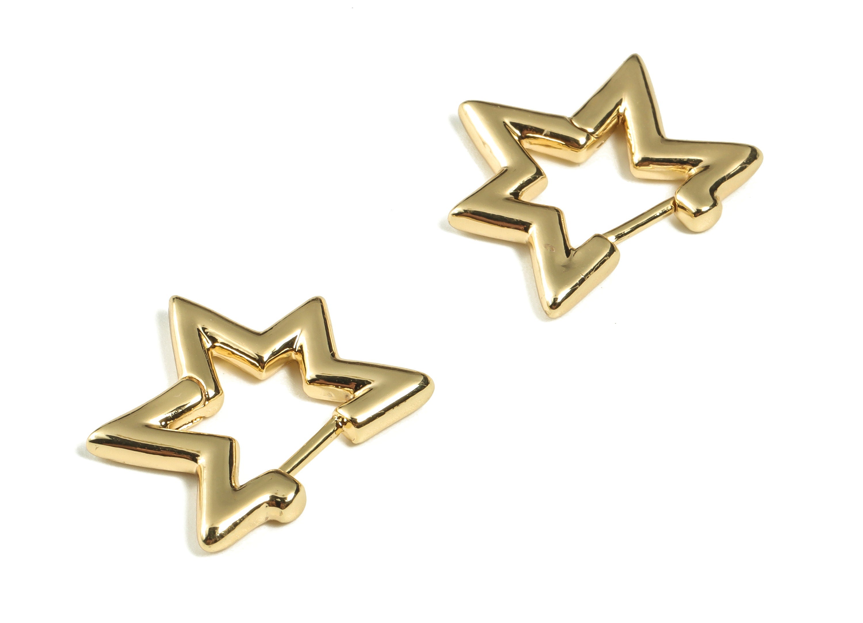 Brass Star Shaped Hoop Stud Earrings - Brass Star Hoops - 18k Real Gold Plated Hoops - Jewelry Making Supplies -18.3x16.27x2.42mm- RGP3256 - DOMEDBAZAAR