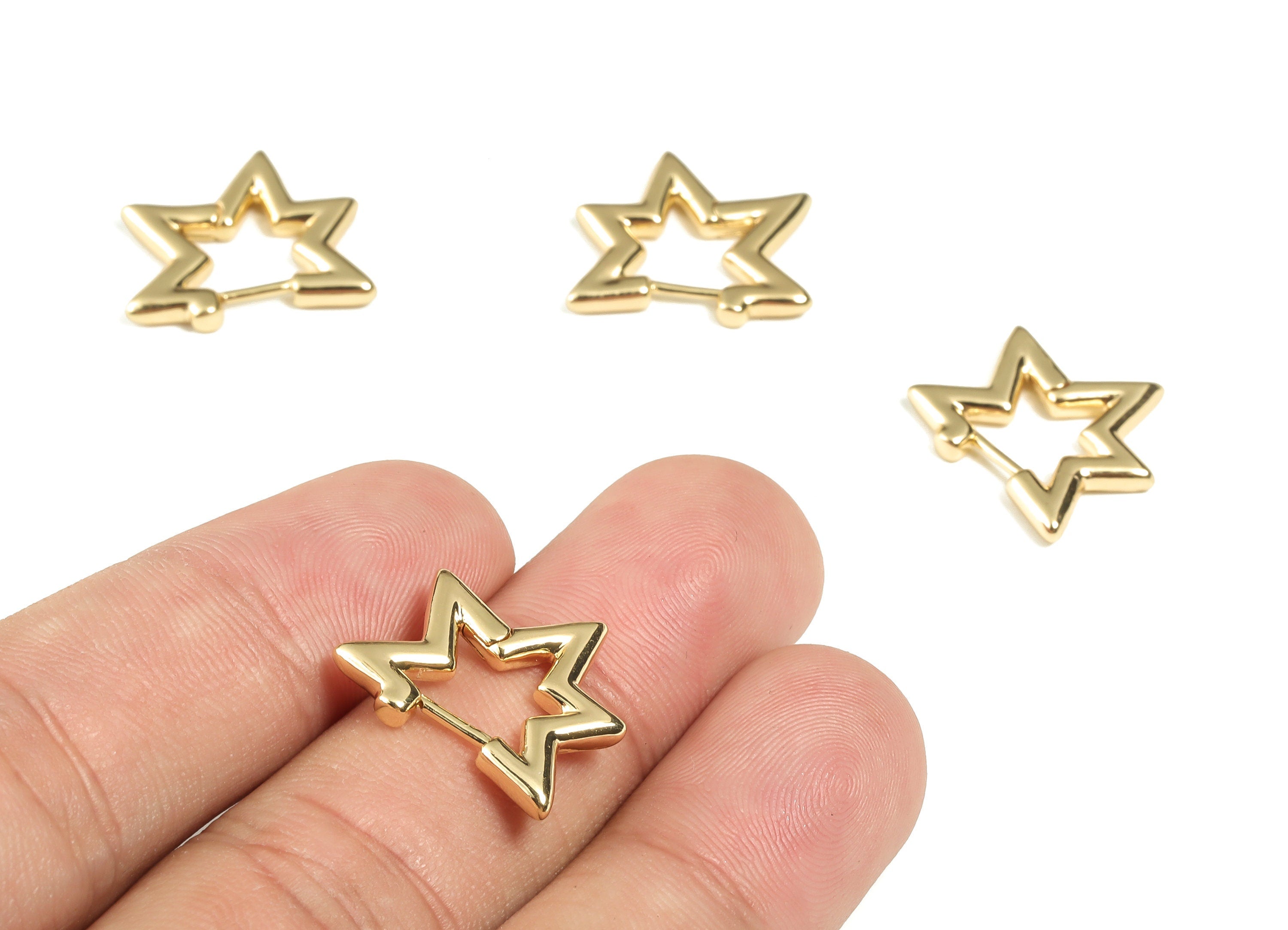 Brass Star Shaped Hoop Stud Earrings - Brass Star Hoops - 18k Real Gold Plated Hoops - Jewelry Making Supplies -18.3x16.27x2.42mm- RGP3256 - DOMEDBAZAAR