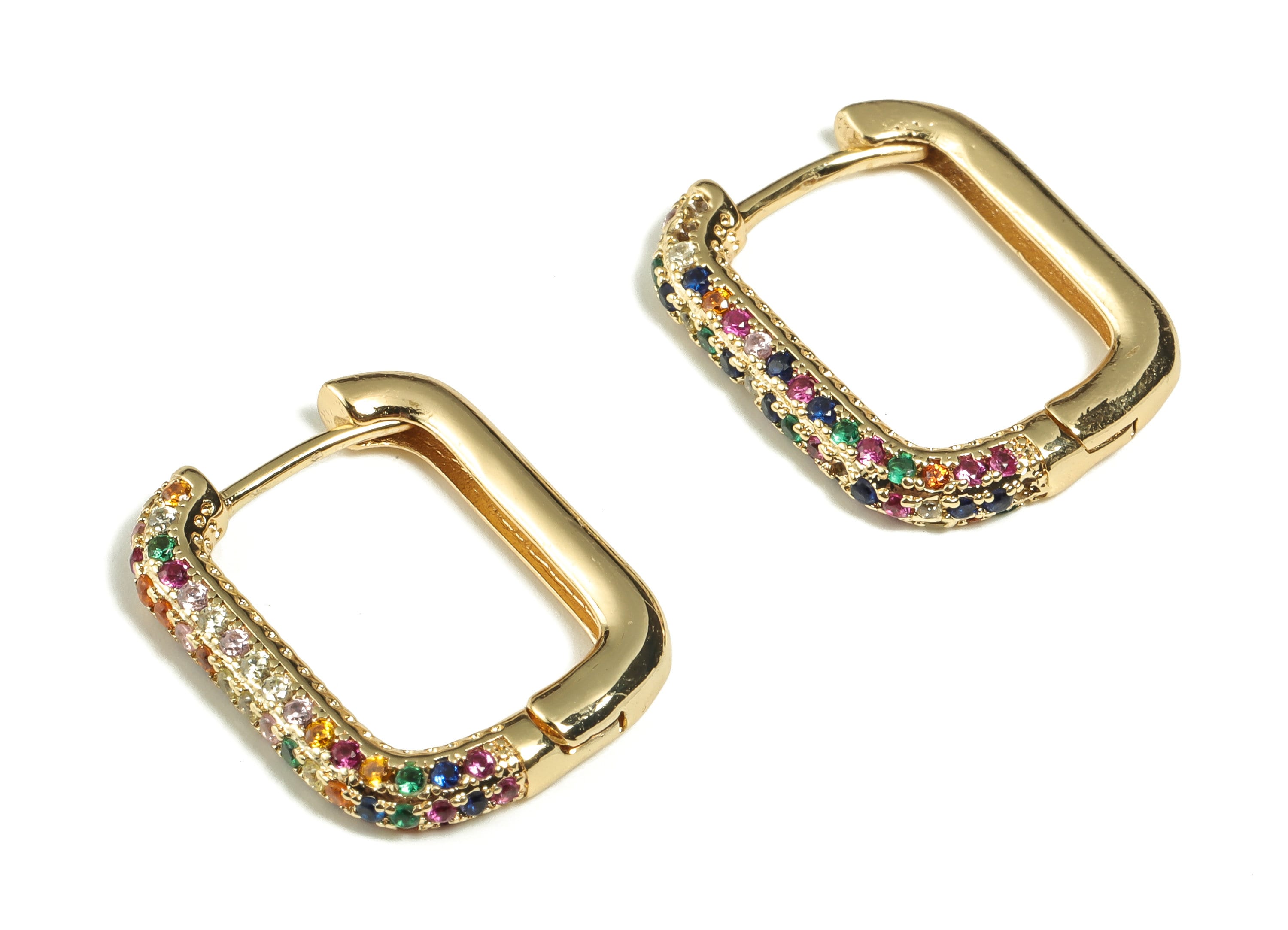 Brass Square Hoop Earrings - Multicolored Zircons Huggie Earring - Dainty Earrings – 18K Gold Plated Brass - 20.22x15.9x2.86mm - RGP3261 - DOMEDBAZAAR