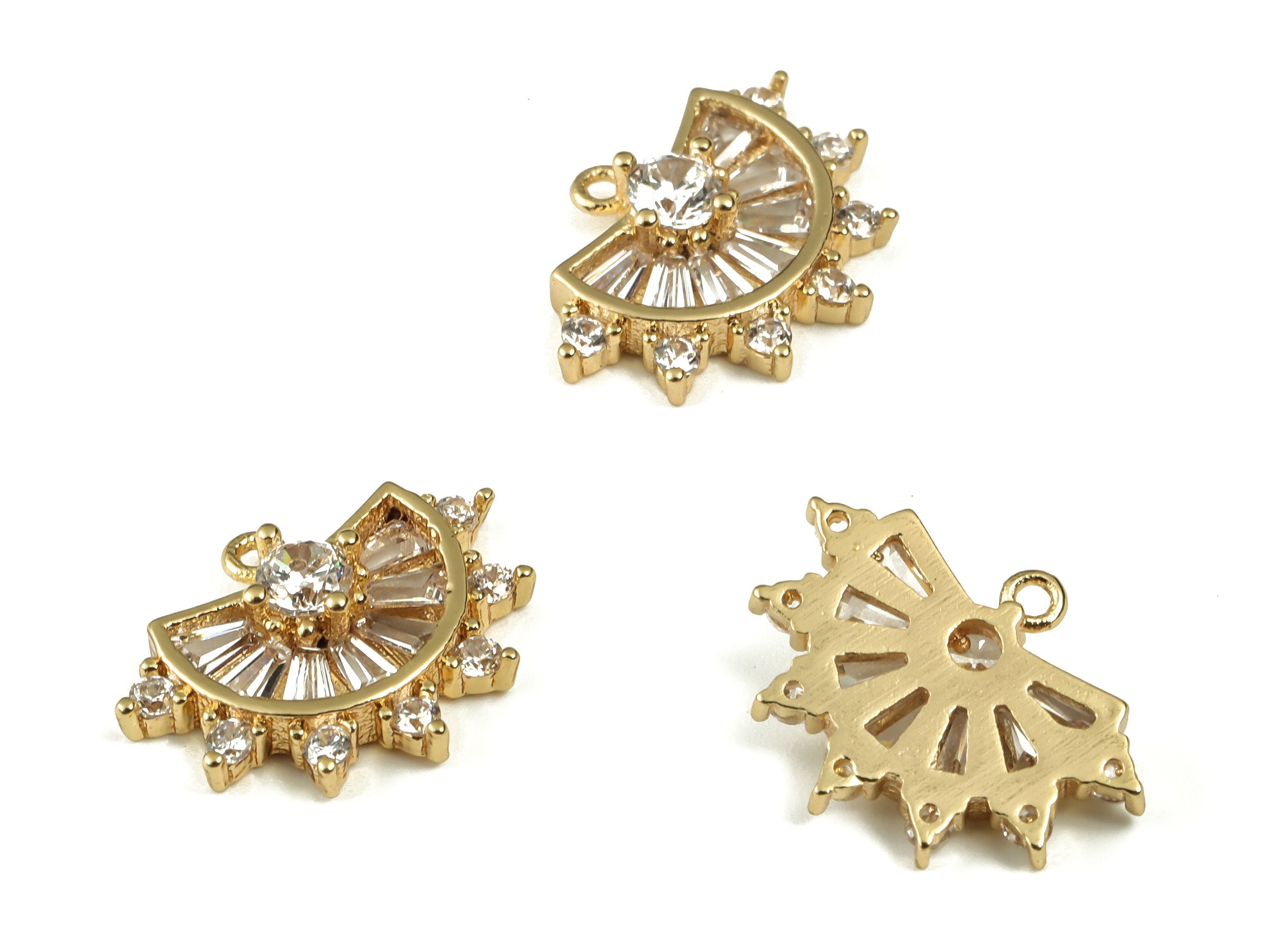 Brass Semicircle Earring Charms With Zircon – Gold Half Moon Pendant - 18K Real Gold Plated Brass – 15.22x11.56x3.26mm - RGP3307 - DOMEDBAZAAR