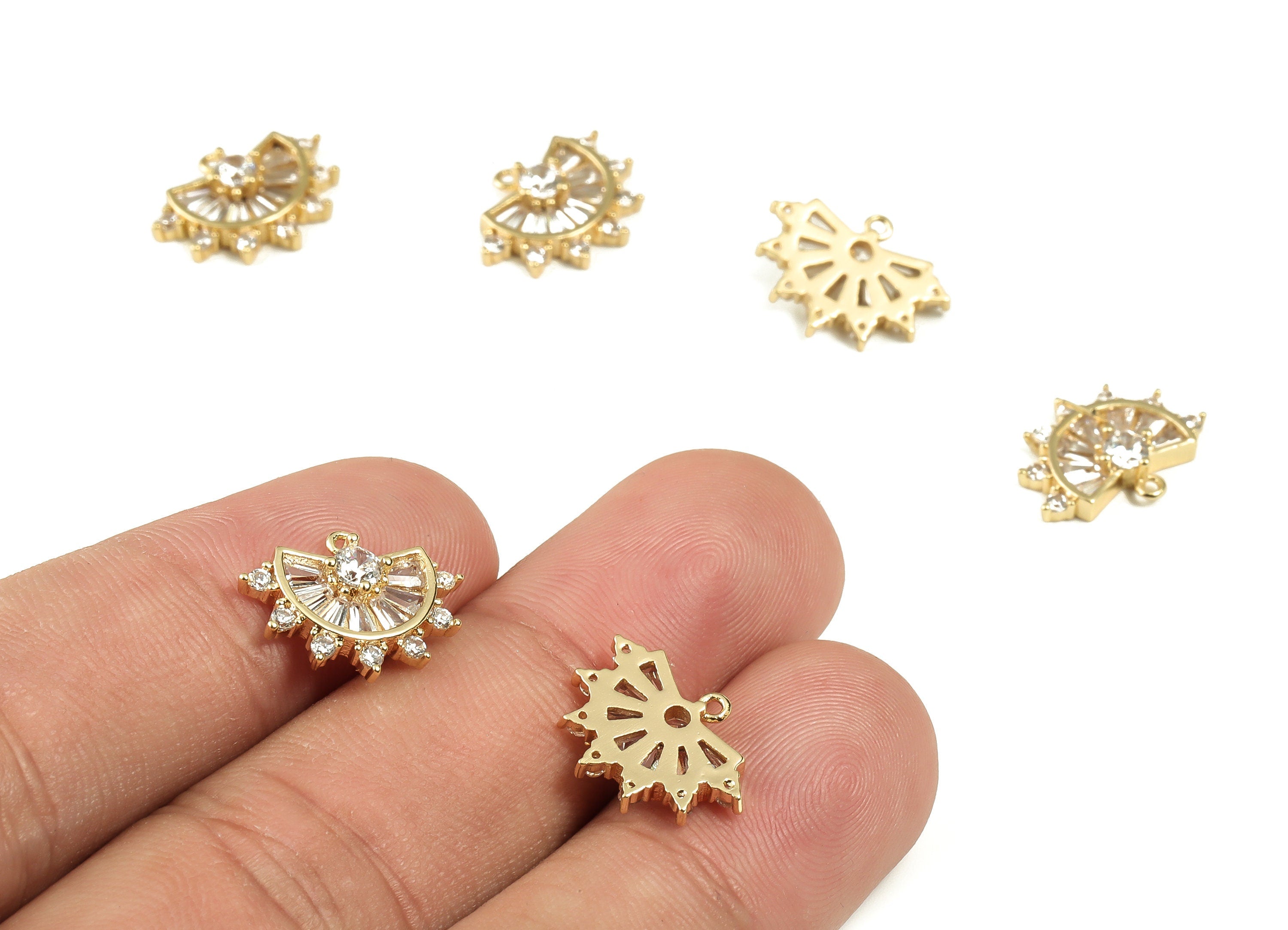 Brass Semicircle Earring Charms With Zircon – Gold Half Moon Pendant - 18K Real Gold Plated Brass – 15.22x11.56x3.26mm - RGP3307 - DOMEDBAZAAR