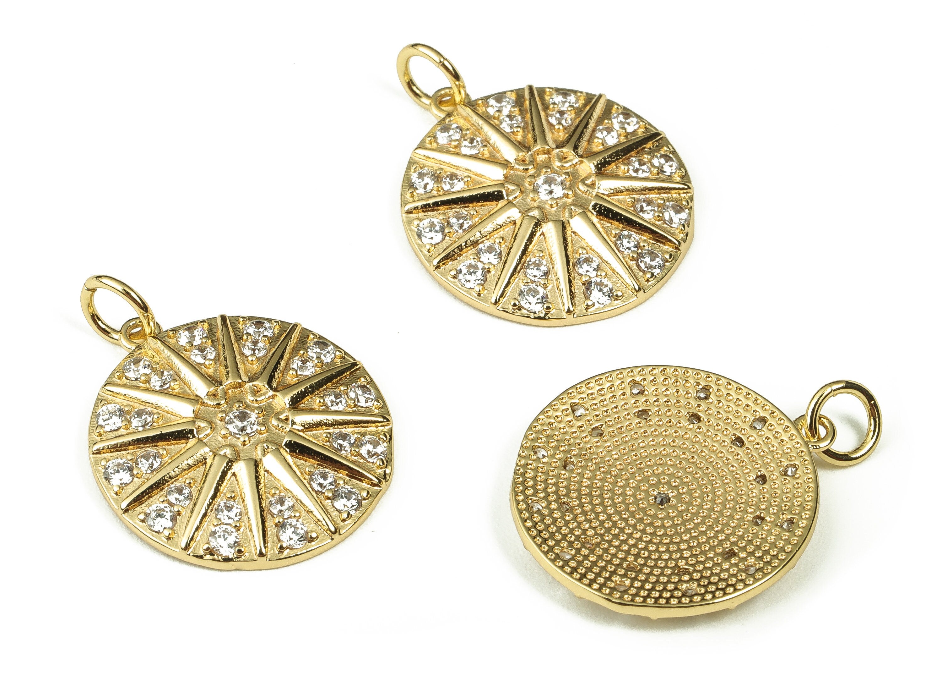 Brass Round Sun Charms with Zircon - Brass Zircon Round Charms - 18K Real Gold Plated Brass - Jewelry Supplies - 23.41x17.62x1.83mm- RGP3333 - DOMEDBAZAAR