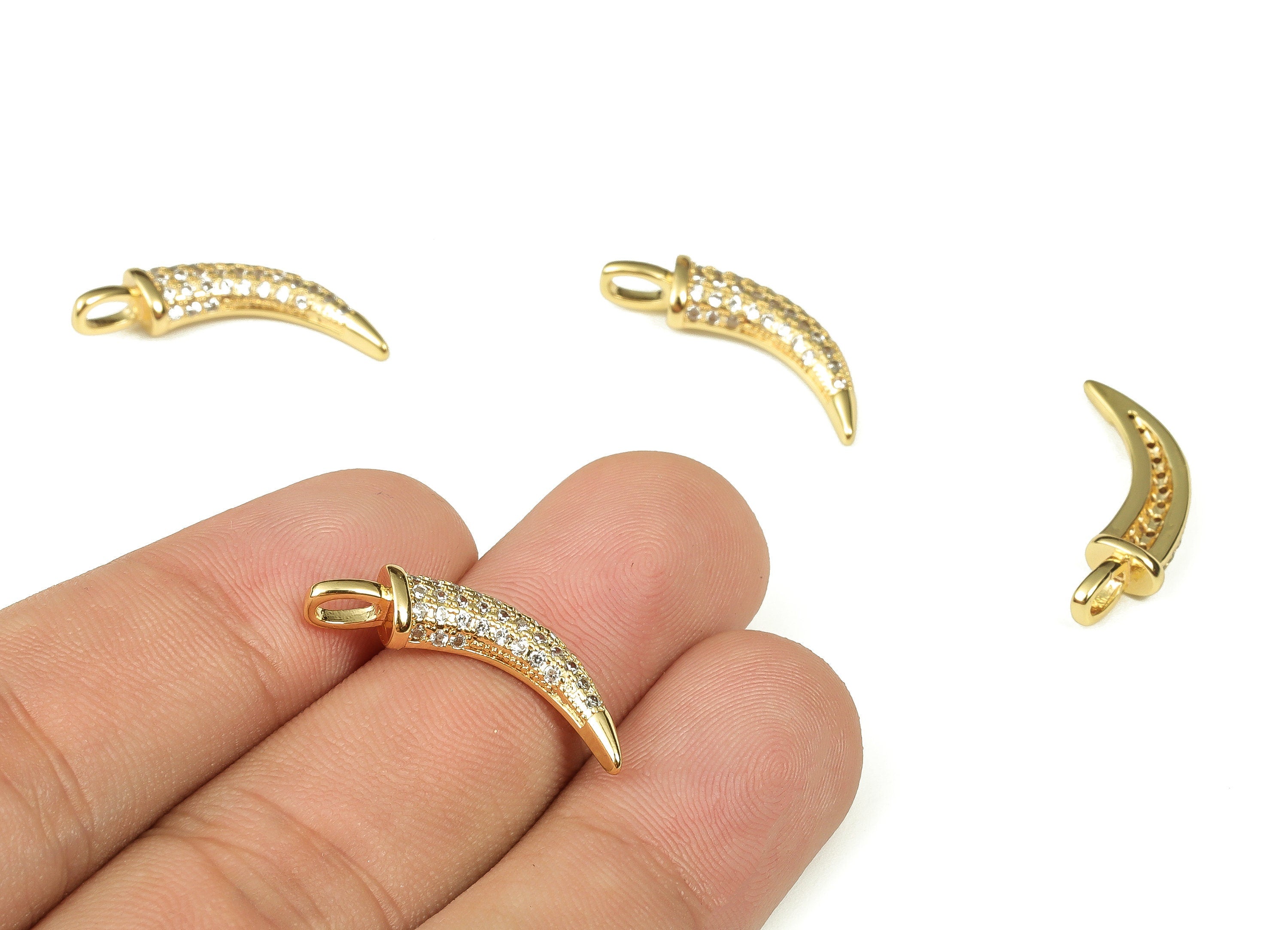 Brass Zircon Paved Ox Horn Charm - Brass Necklace Pendant - 18k Real Gold Plated Brass - Jewelry Making Supplies -24.18x6.33x2.88m- RGP3349 - DOMEDBAZAAR