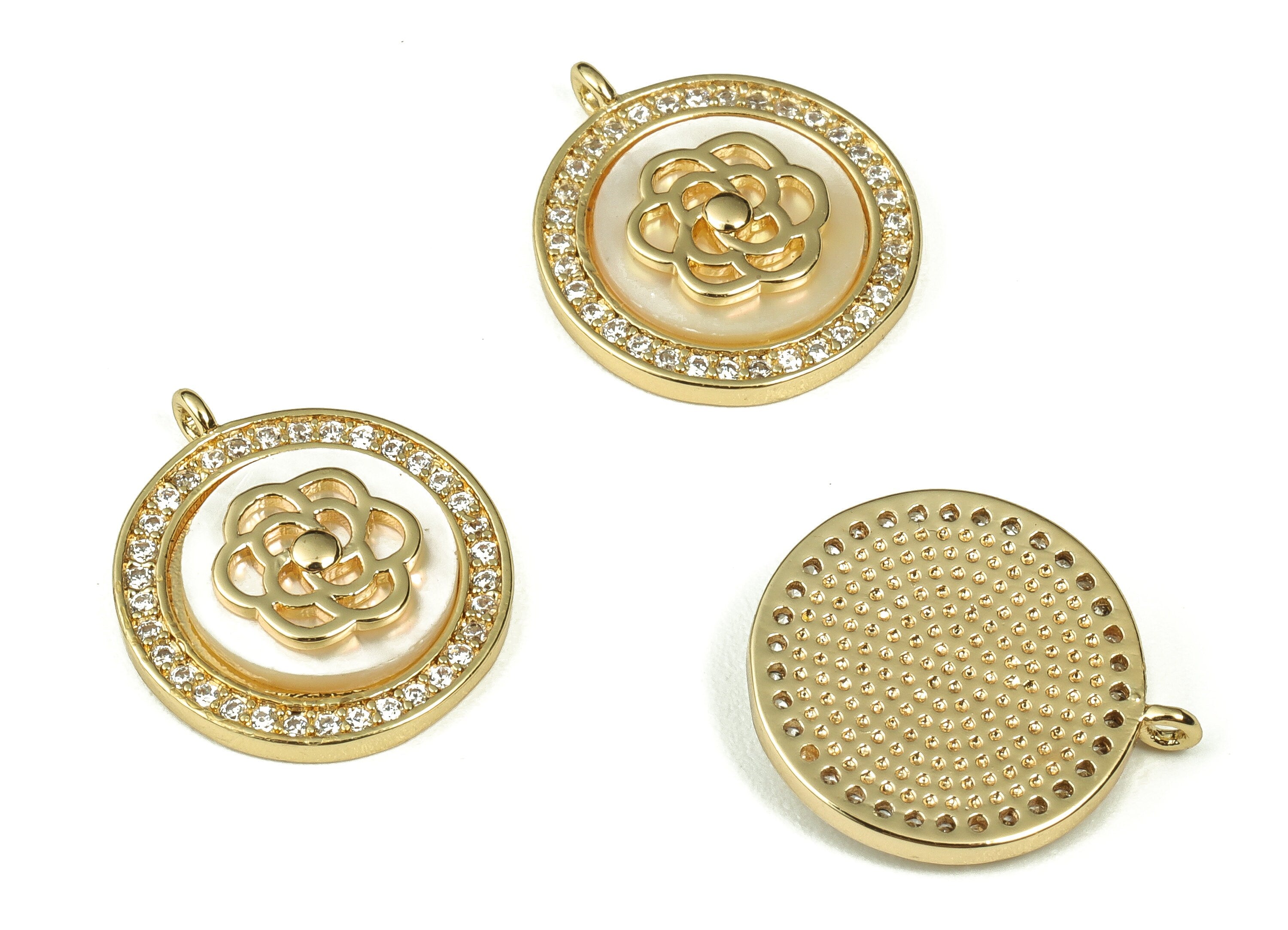 Brass Round Flower Charm - Zircon Flower pendant charm - 18K Gold Plated Brass Pendant - Jewelry Making Supplies -16.56x14.58x1.09mm-RGP3347 - DOMEDBAZAAR