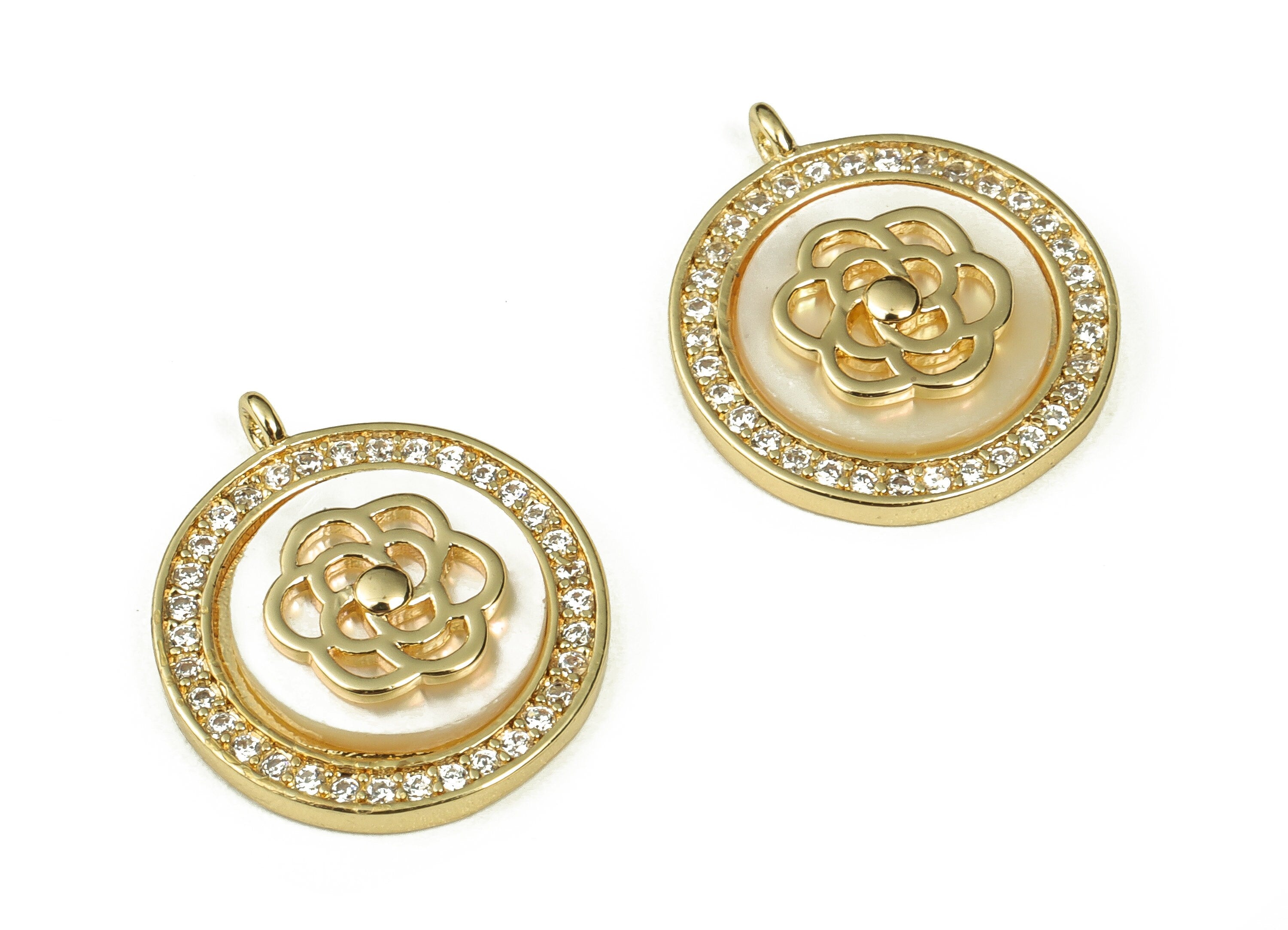 Brass Round Flower Charm - Zircon Flower pendant charm - 18K Gold Plated Brass Pendant - Jewelry Making Supplies -16.56x14.58x1.09mm-RGP3347 - DOMEDBAZAAR