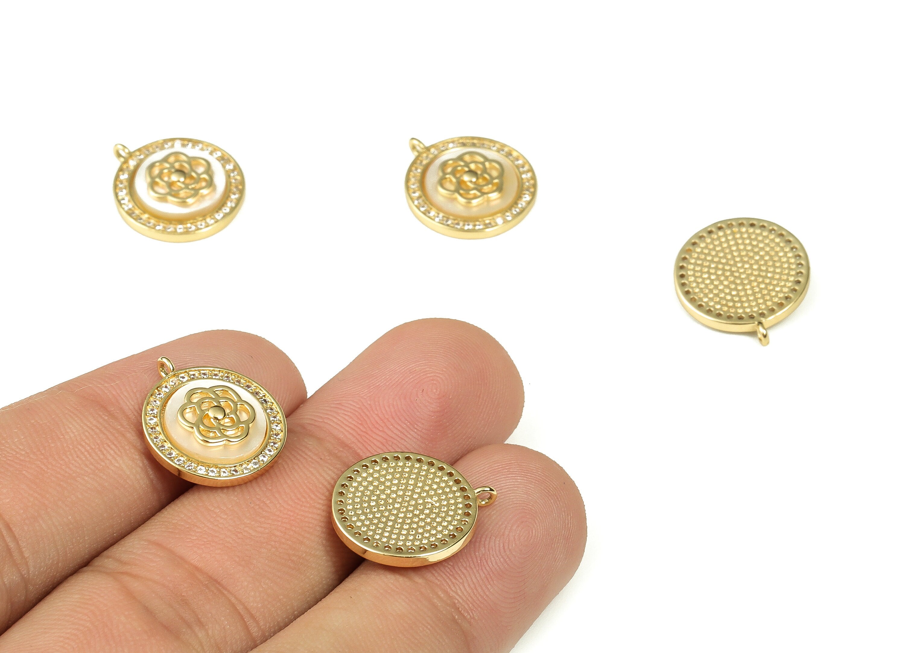 Brass Round Flower Charm - Zircon Flower pendant charm - 18K Gold Plated Brass Pendant - Jewelry Making Supplies -16.56x14.58x1.09mm-RGP3347 - DOMEDBAZAAR