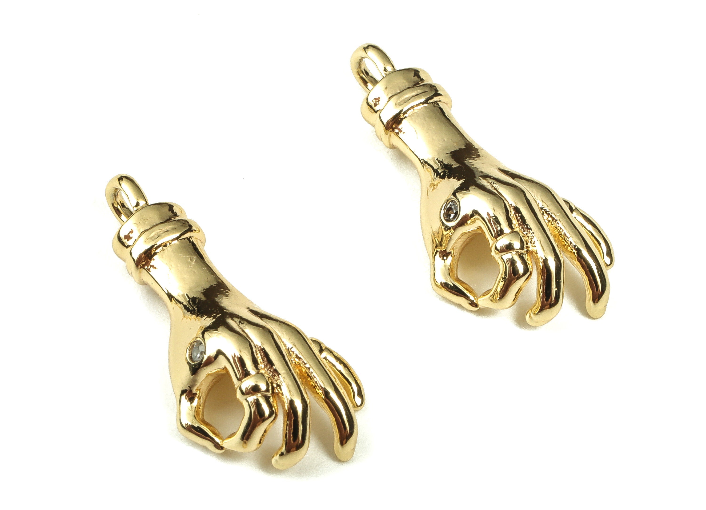 Gold OK Hand Charms - Brass Hand Earring Charms with Zircon - 18K Real Gold Plated Brass - Jewelry Making Supplies -20.2x9.75x2.41mm-RGP3355 - DOMEDBAZAAR