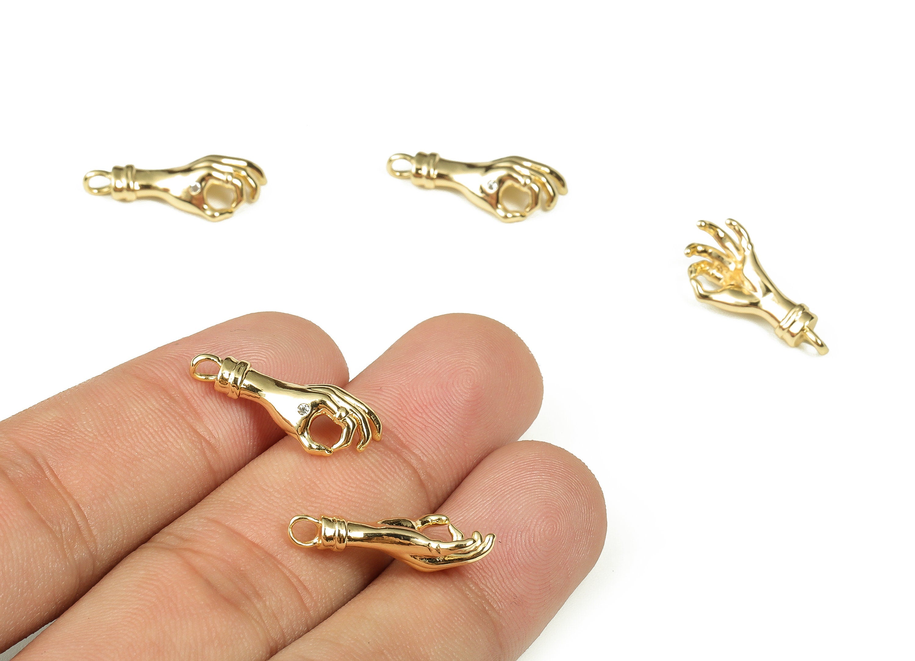 Gold OK Hand Charms - Brass Hand Earring Charms with Zircon - 18K Real Gold Plated Brass - Jewelry Making Supplies -20.2x9.75x2.41mm-RGP3355 - DOMEDBAZAAR