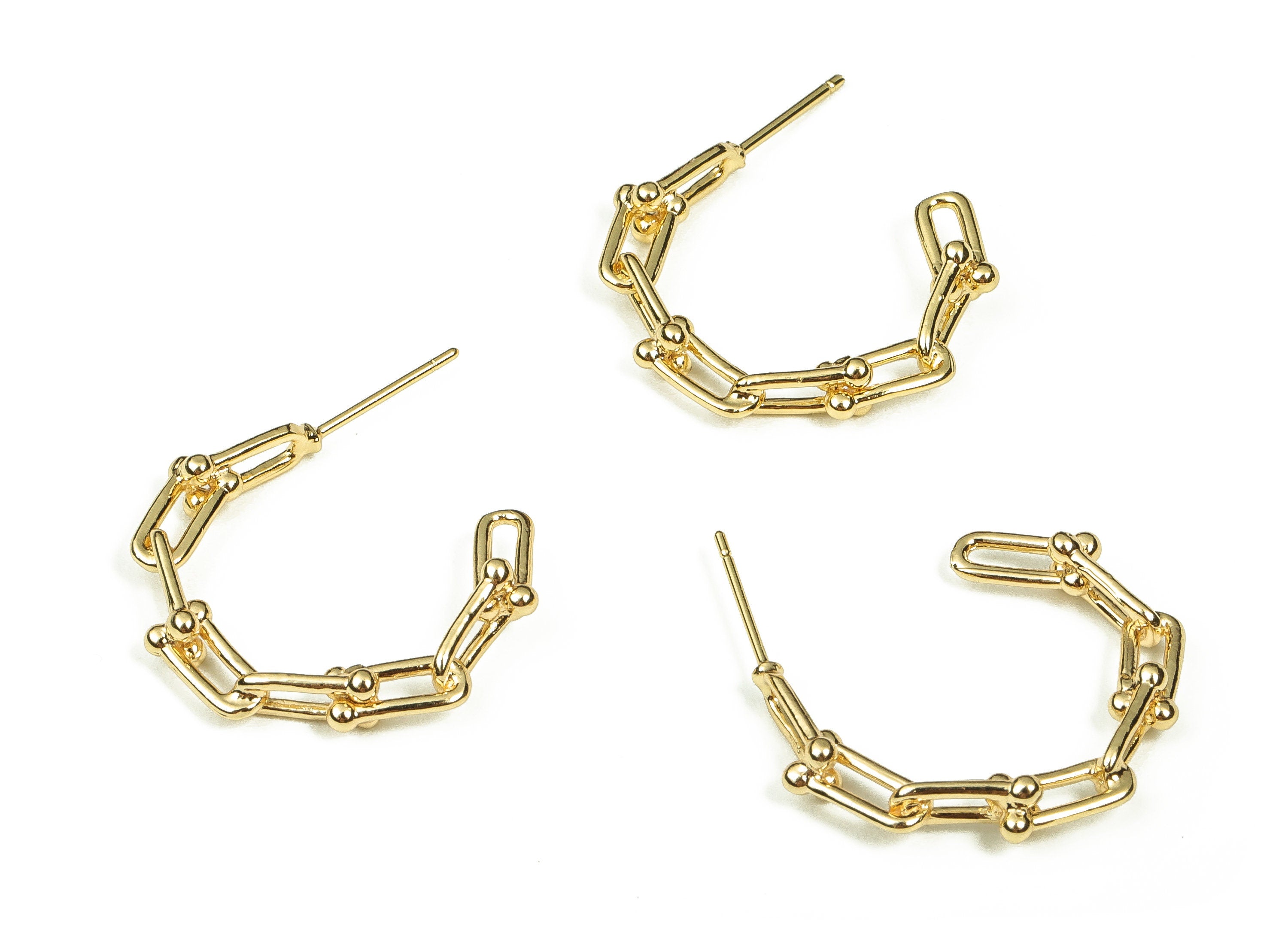 Brass C Earring Post – Chain Hoop Earring Stud - 18K Real Gold Plated Brass - 316 Surgical Stainless Steel - 30.86x25.06x1.09mm - RGP3336 - DOMEDBAZAAR