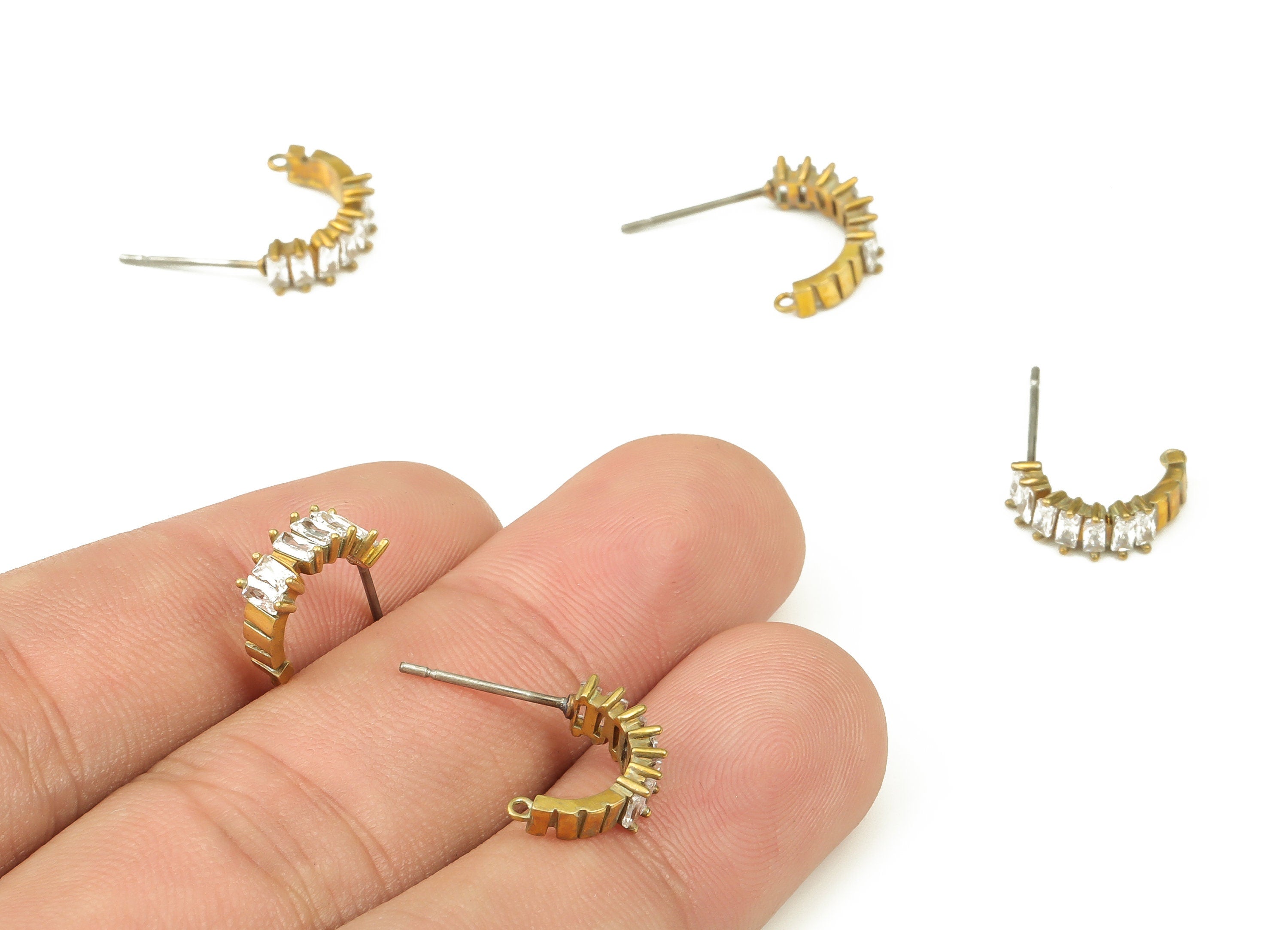 Brass C Earring Stud Zircon - Raw Brass C Earring Post - Stainless Steel Stud - Jewelry Making Supplies - 12.14x4.1x2.1mm - PP4529 - DOMEDBAZAAR