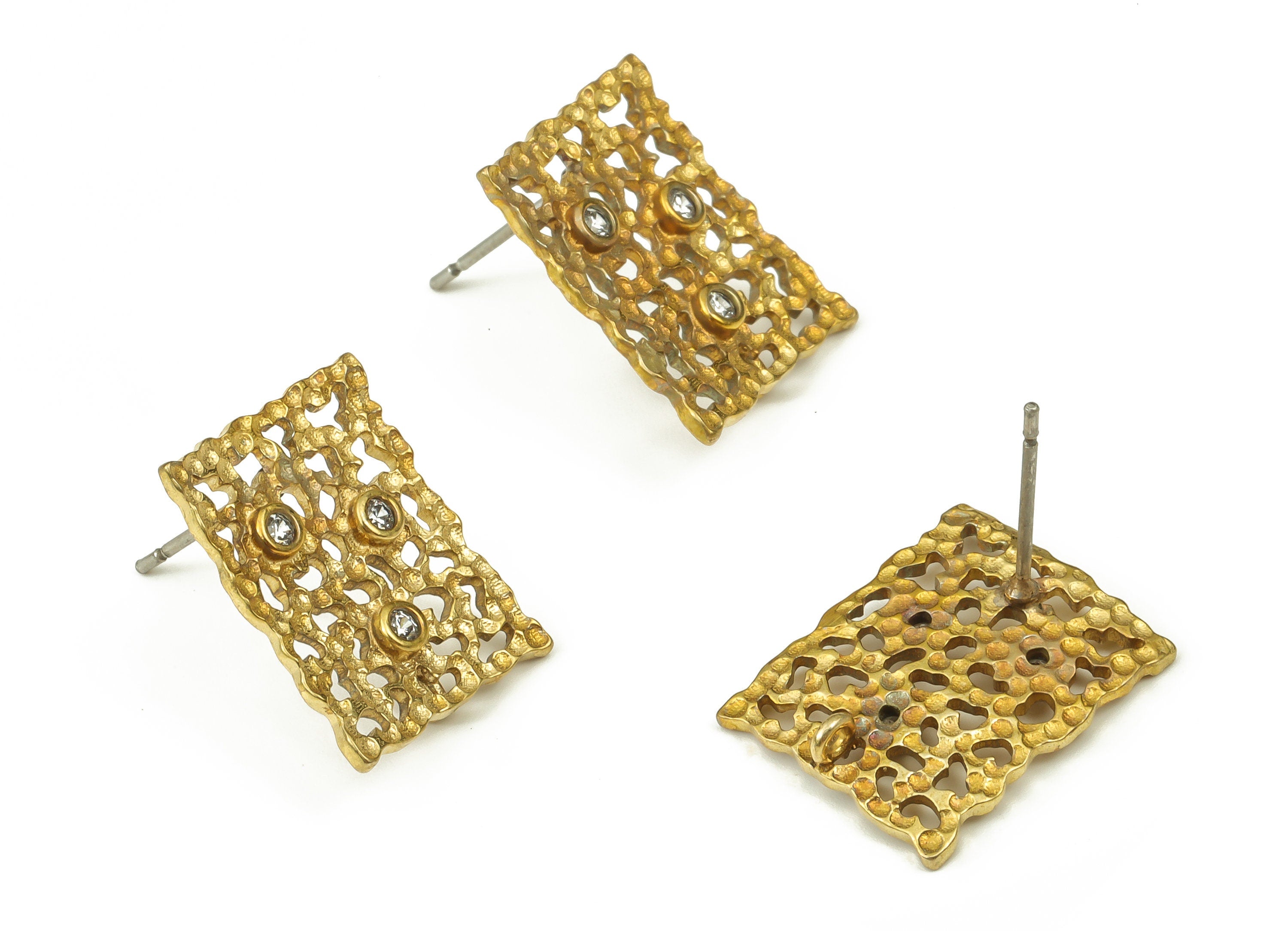 Brass Square Earring Stud Zircon – Filigree Square Earring Post - Stainless Steel Stud - Jewelry Supplies - 17.49x14.05x2mm - PP4528 - DOMEDBAZAAR