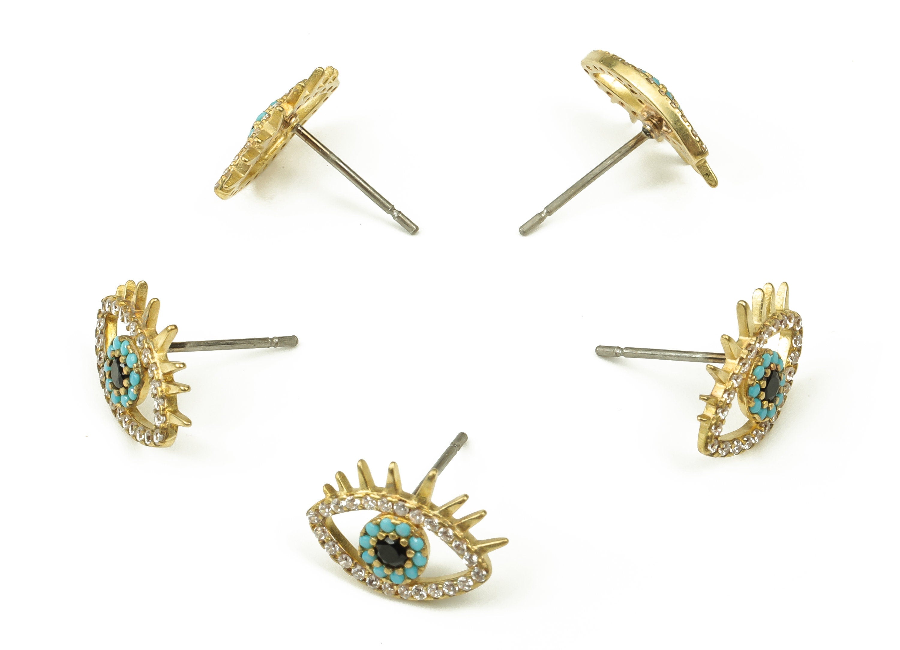 Brass Eye Earring Stud – Zircon Earring Stud – Evil Eye Earring Post- Stainless Steel Stud - Jewelry Supplies - 13.52x9.6x2.3mm - PP4523 - DOMEDBAZAAR