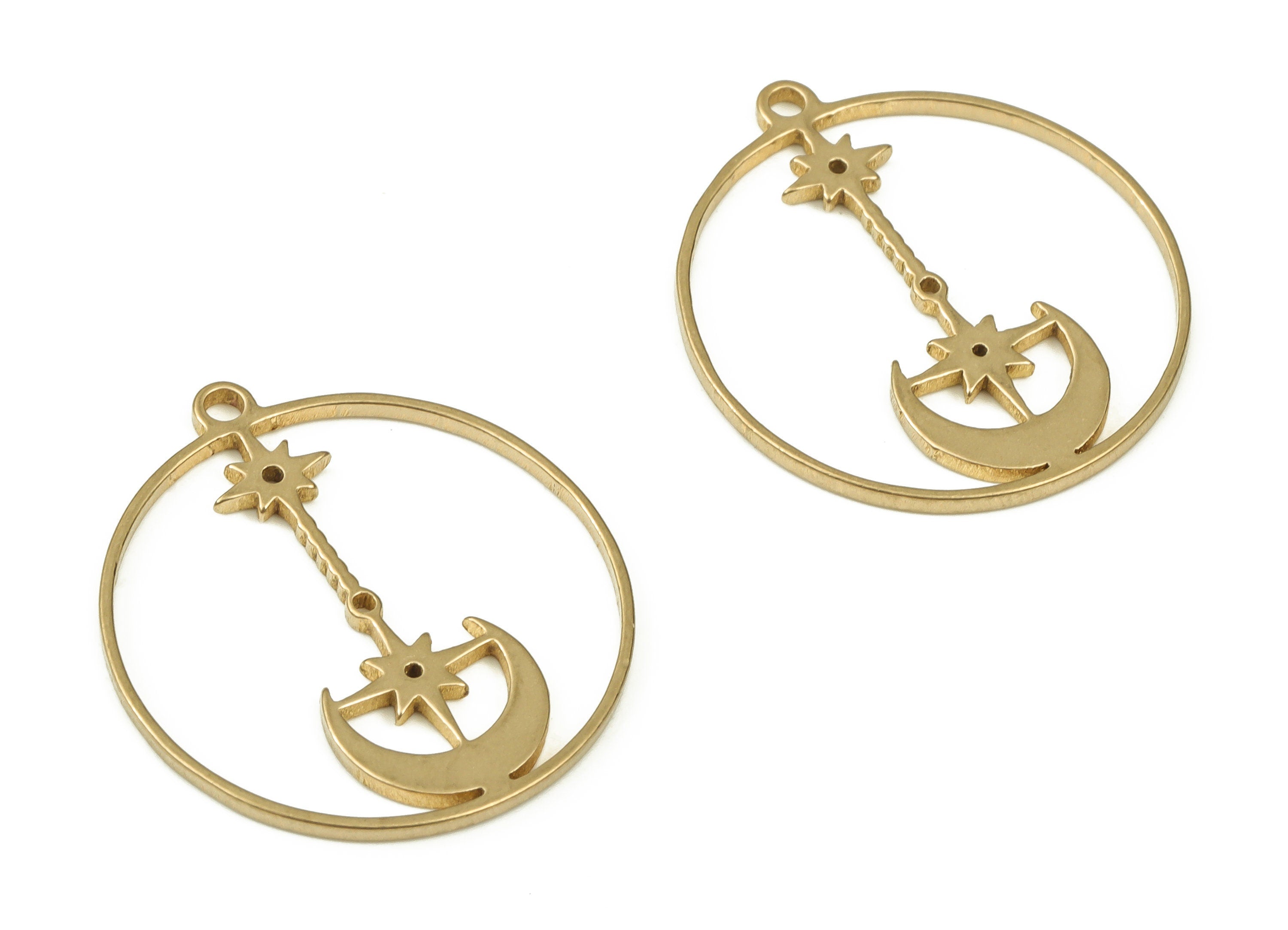 Brass Round Star Earring Charm – Raw Brass Circle Moon Pendant– Earring Findings - Jewelry Supplies- 21.8x19.82x0.95mm - PP4514 - DOMEDBAZAAR