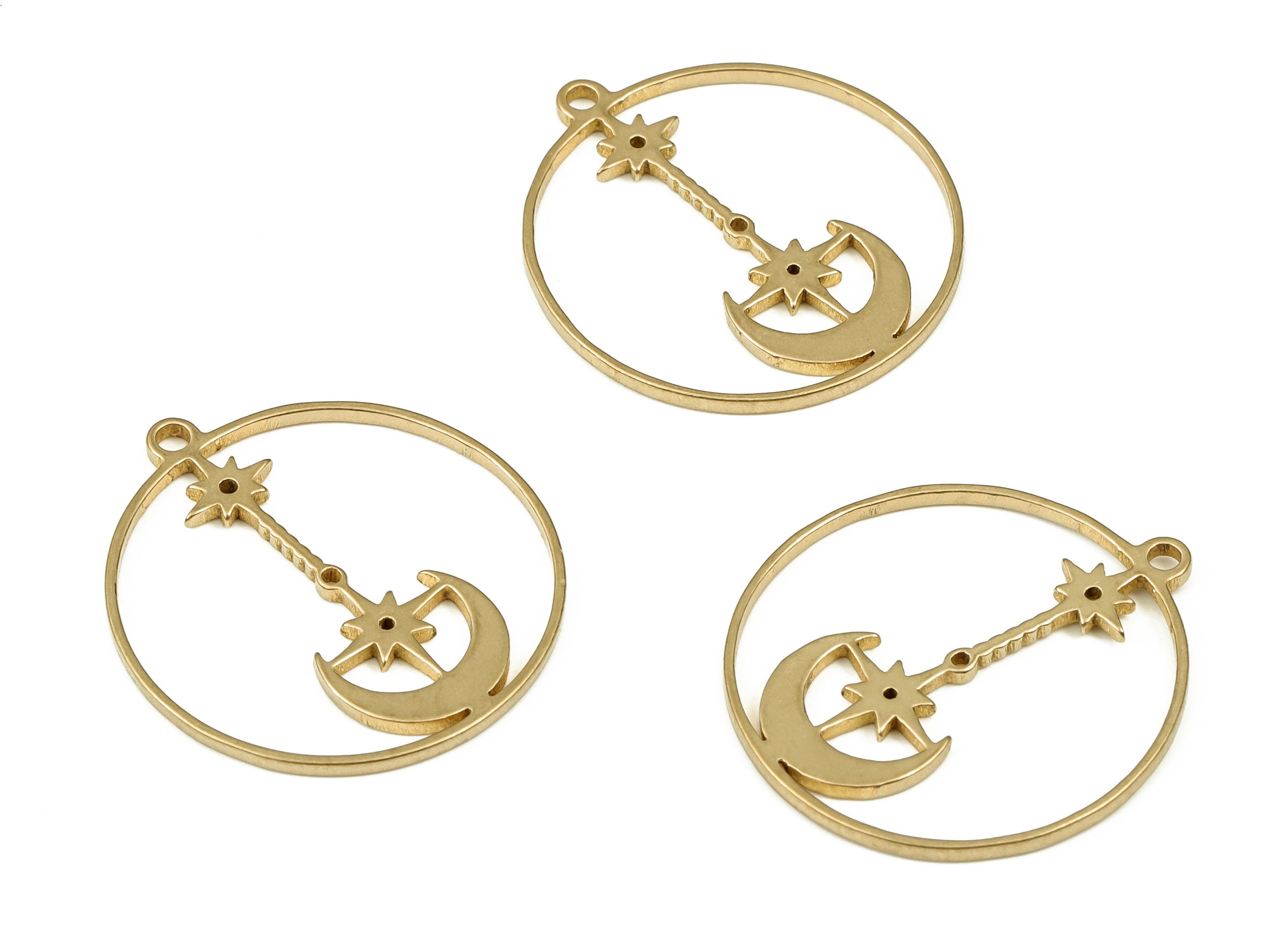 Brass Round Star Earring Charm – Raw Brass Circle Moon Pendant– Earring Findings - Jewelry Supplies- 21.8x19.82x0.95mm - PP4514 - DOMEDBAZAAR