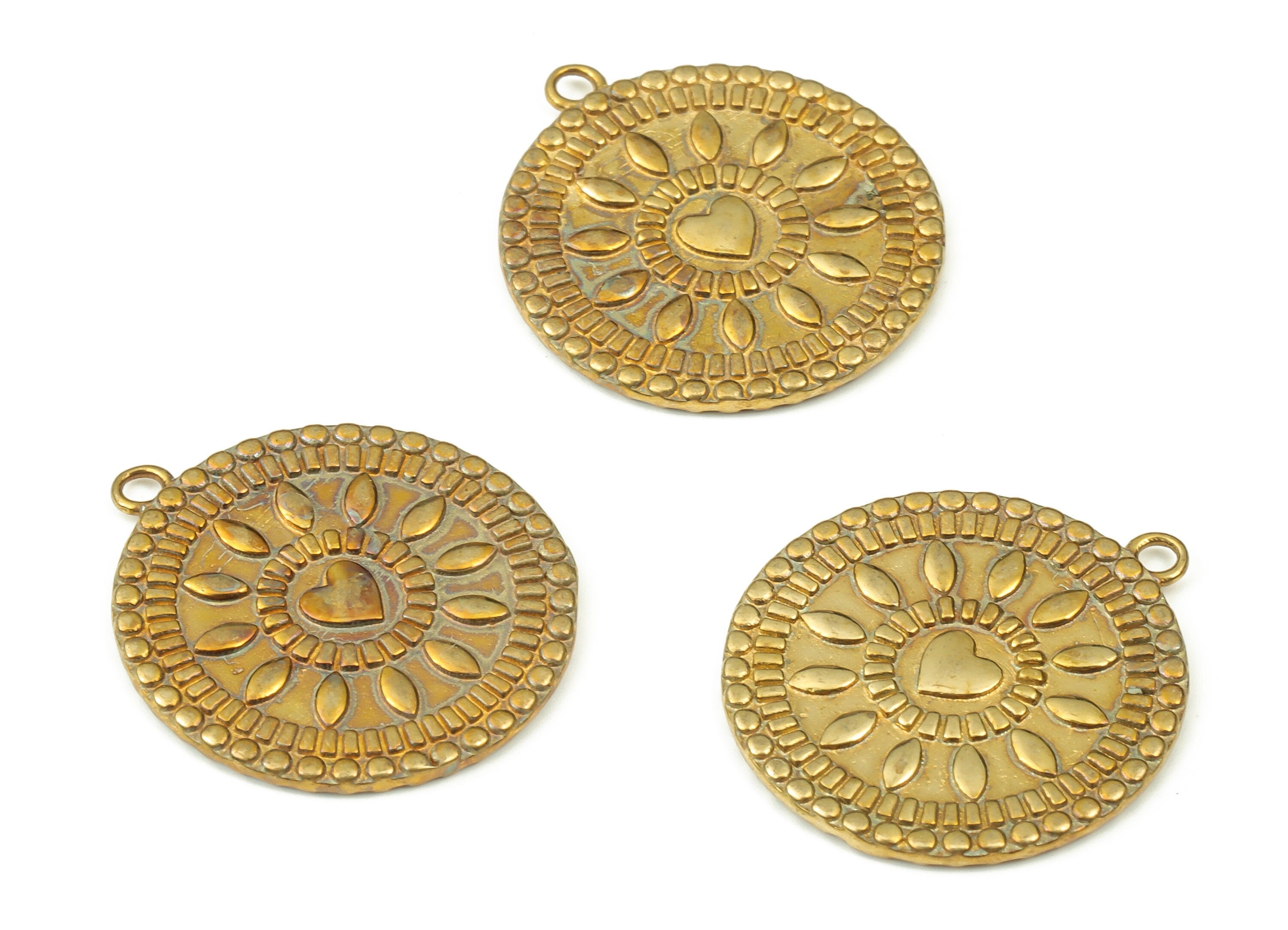 Brass Round Sun Earring Charms - Raw Brass Circle Heart Pendant - Earrings Findings - Jewelry Making Supplies - 22.21x19.92x1.44mm - PP4538 - DOMEDBAZAAR