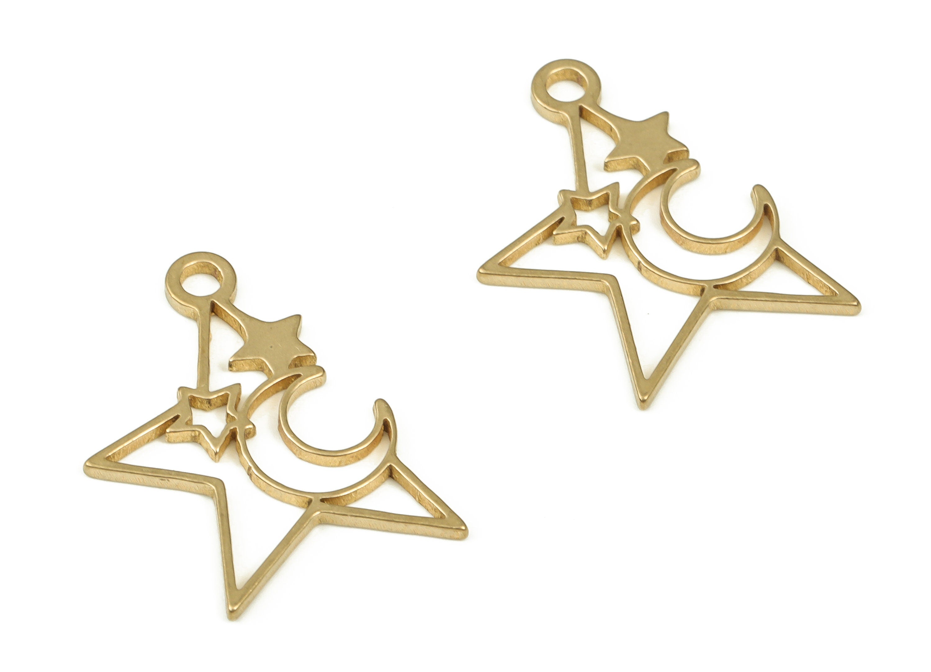 Brass Star Earring Charm - Raw Brass Crescent Pendant - Earring Finding - Jewelry Making Supplies - 19.94x13.61x0.94mm - PP4519 - DOMEDBAZAAR
