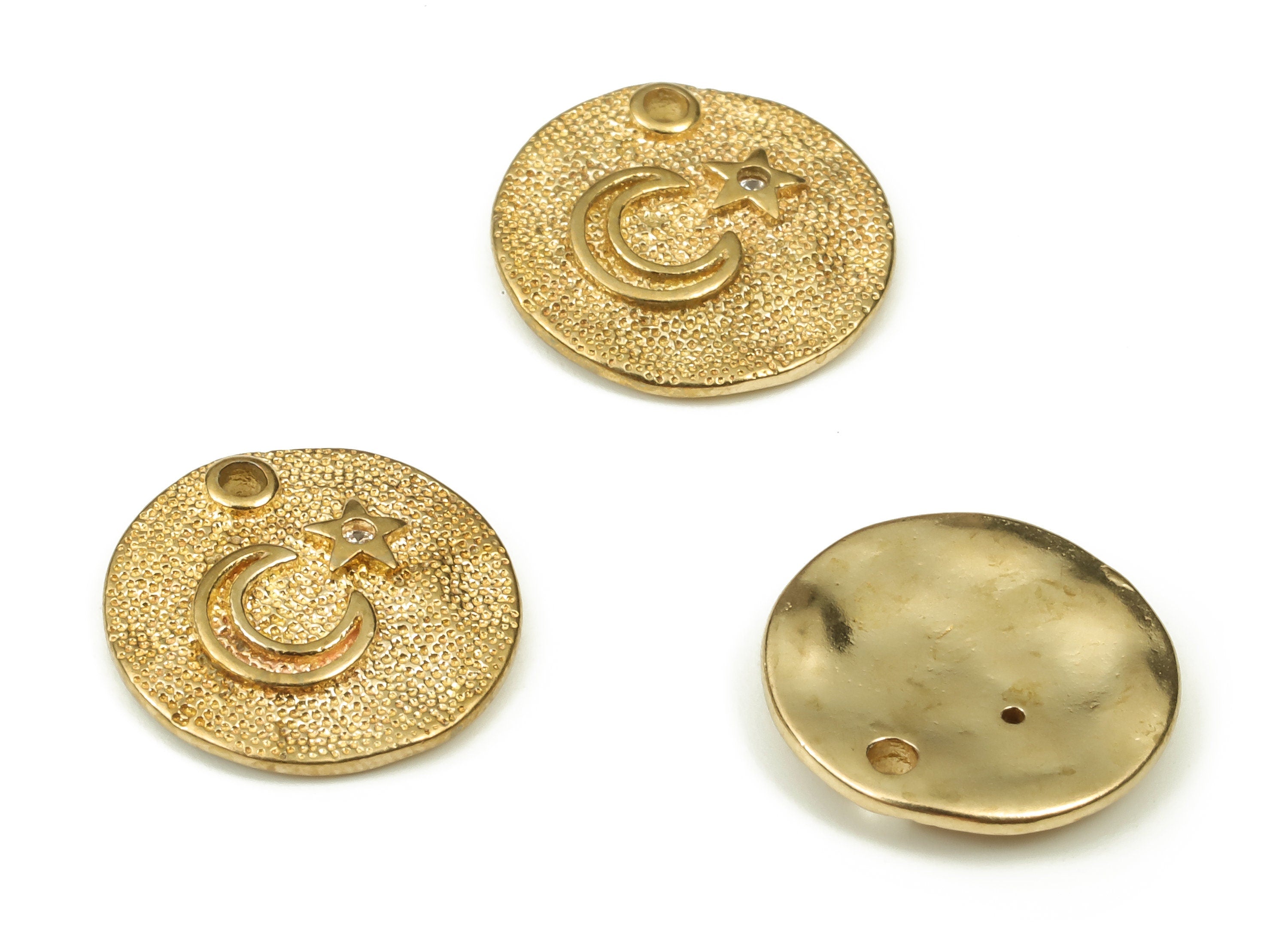 Brass Round Earring Charm - Zircon Circle Moon Star Pendant – Earring Findings – Jewelry Making Supplies - 12.29x12.51x1.78mm - PP4521 - DOMEDBAZAAR