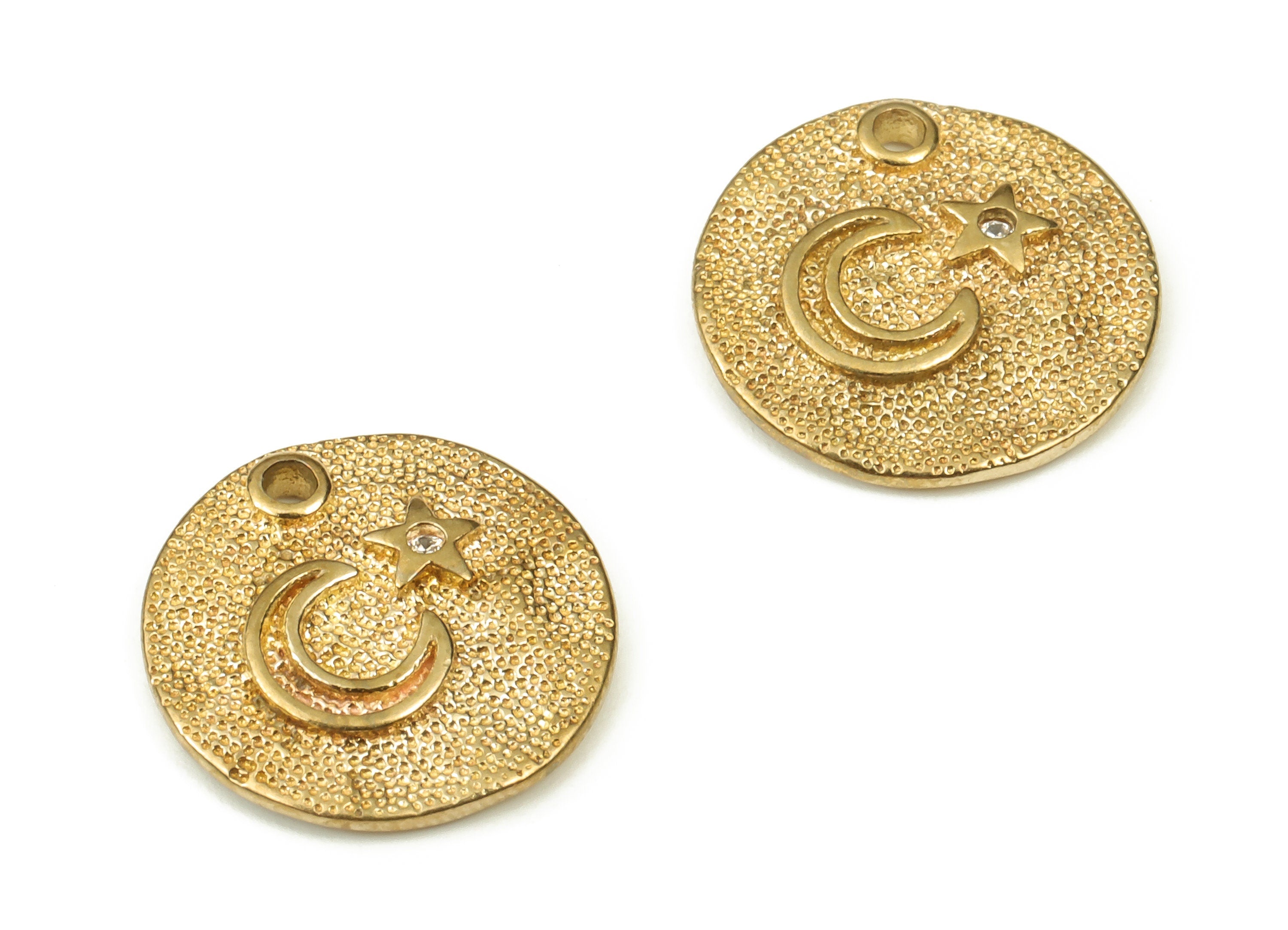 Brass Round Earring Charm - Zircon Circle Moon Star Pendant – Earring Findings – Jewelry Making Supplies - 12.29x12.51x1.78mm - PP4521 - DOMEDBAZAAR