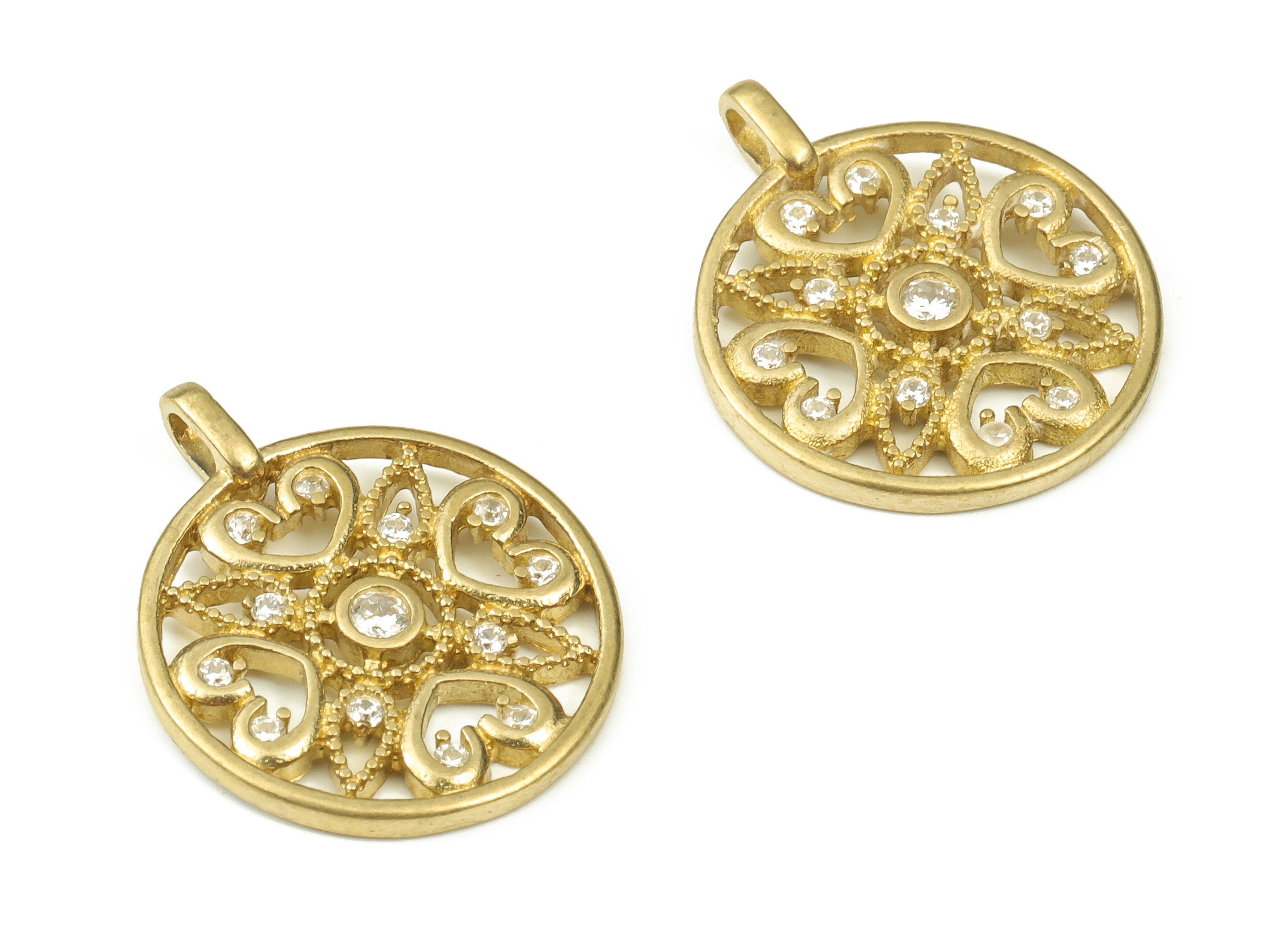 Brass Round Heart Earring Charms With Zircons - Raw Brass Circle Flower Pendant - Jewelry Making Supplies - 24.36x20x2.3mm - PP4410 - DOMEDBAZAAR